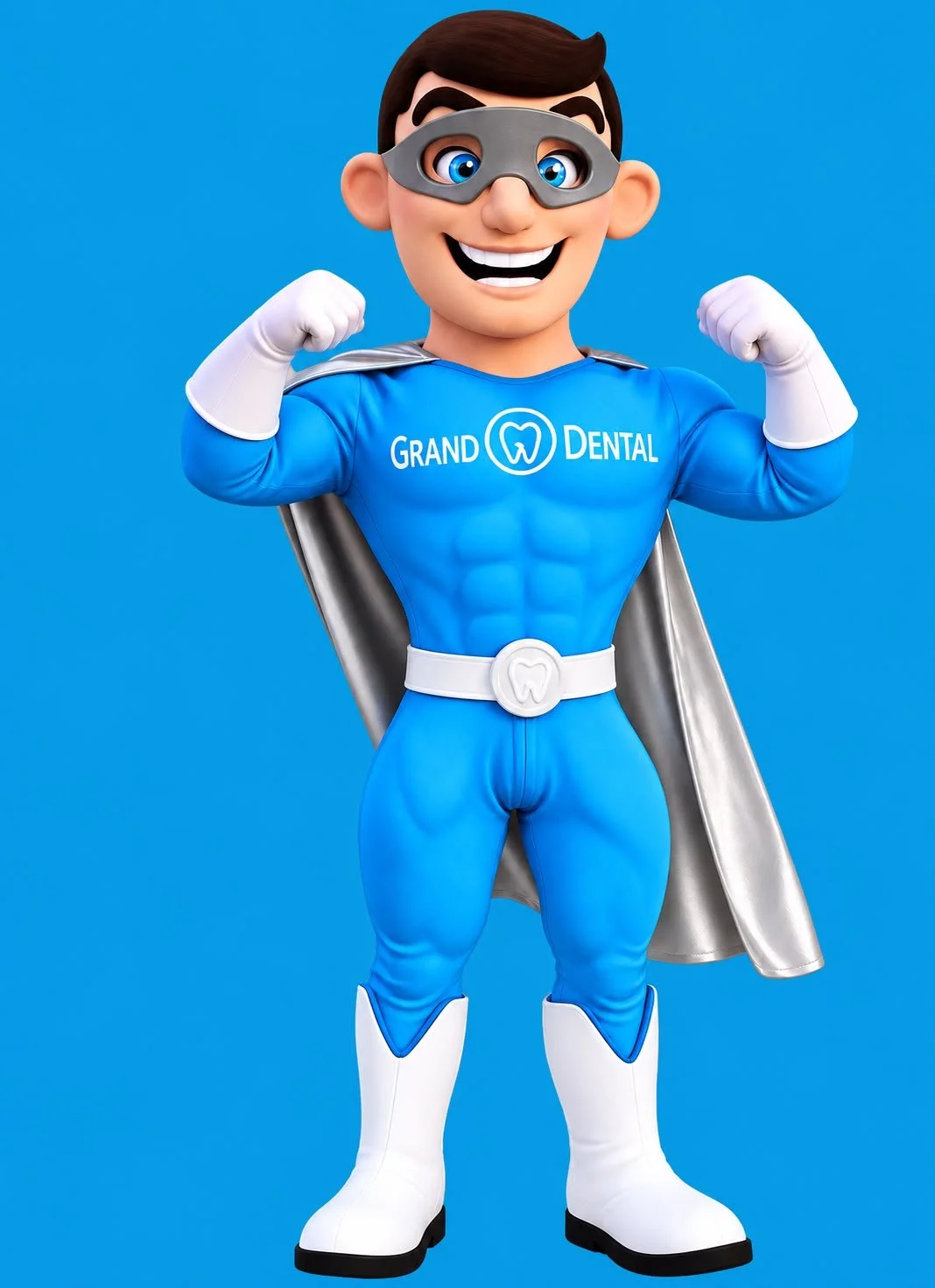 Personaje caricaturesco disfrazado de superhéroe con camisa azul que dice 'Grand Dental', mostrando músculos y haciendo un gesto de fuerza.