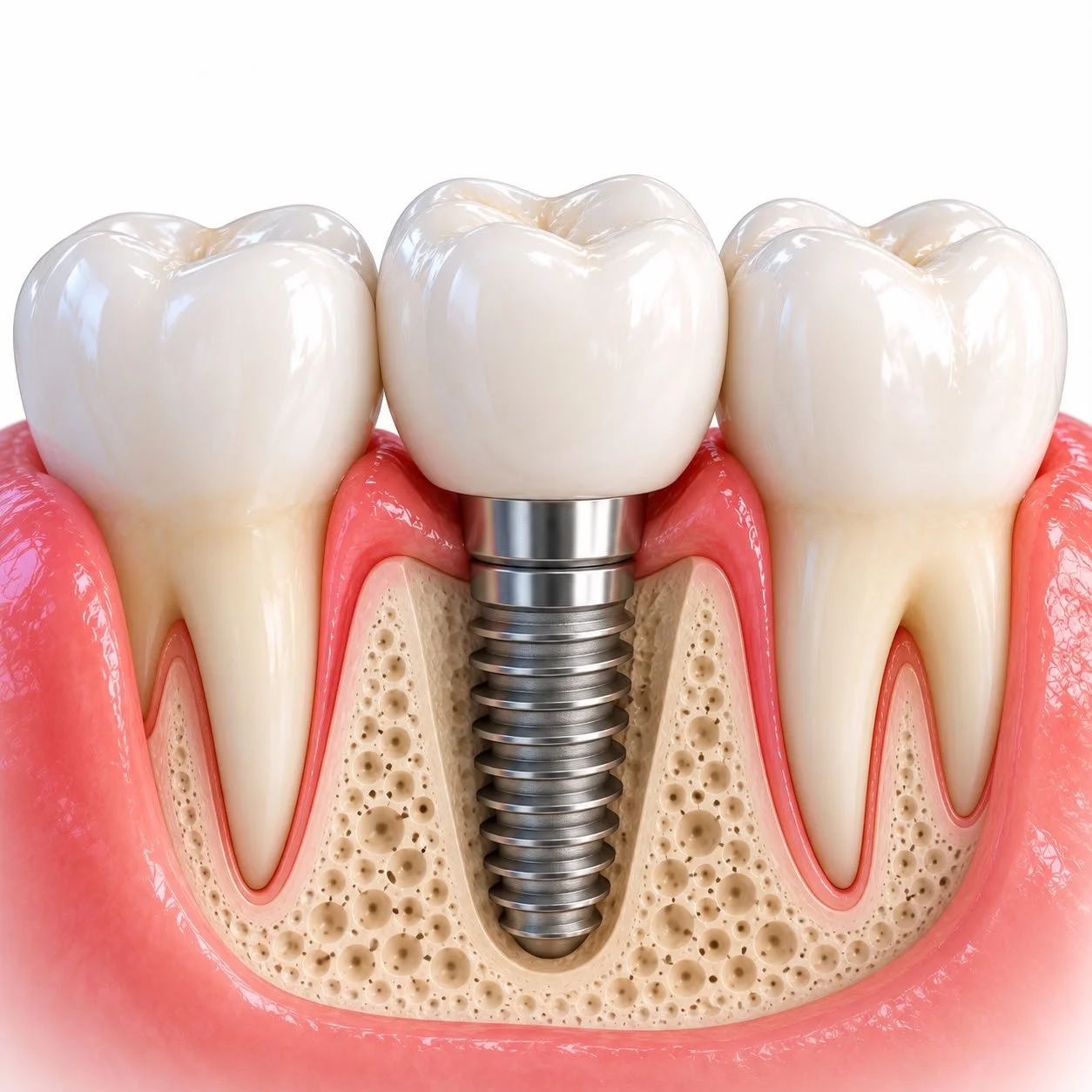 Ilustración de una implante dental en la encía con corona sobre hueso y dientes naturales a cada lado.