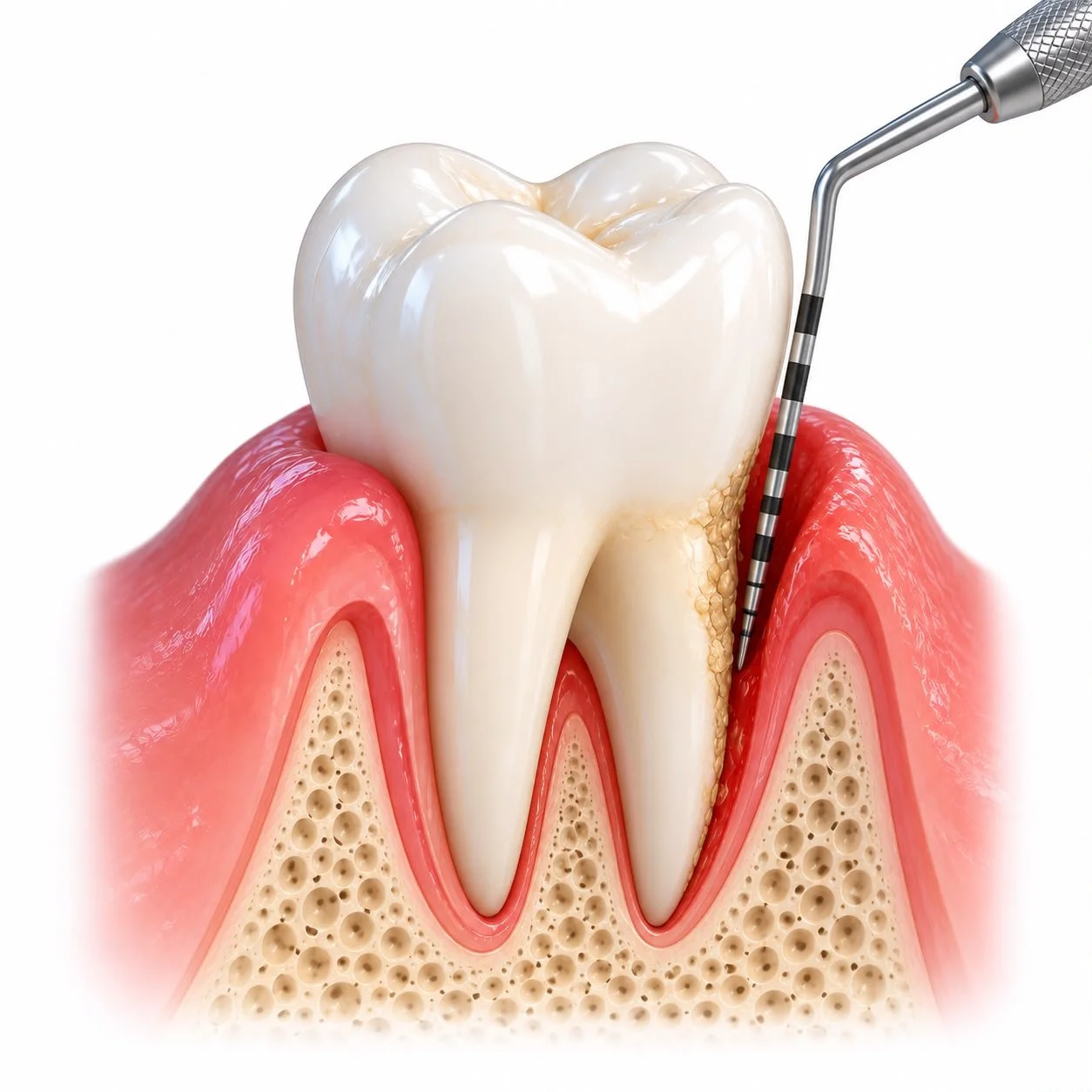 Ilustración dental que muestra una extracción de muela con una herramienta especializada, en encías inflamadas y hueso subyacente.