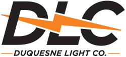 Duquesne Light Co. logo with black lettering and an orange lightning bolt