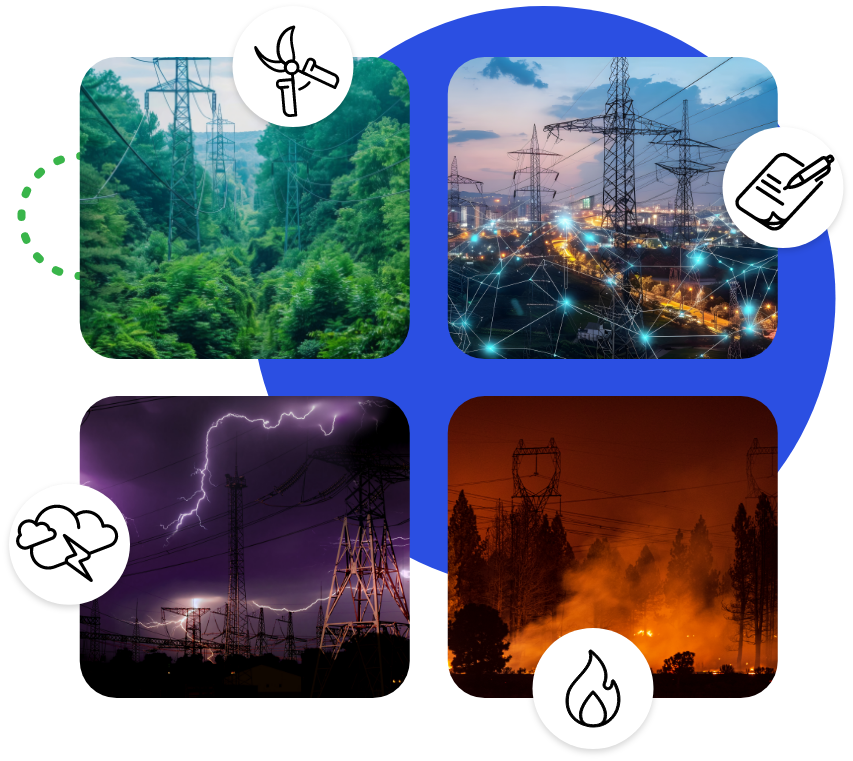 Four-panel illustration of electric power transmission towers in a forest, smart grid city, lightning storm, and wildfire, with wind, planning, storm, and fire icons.
