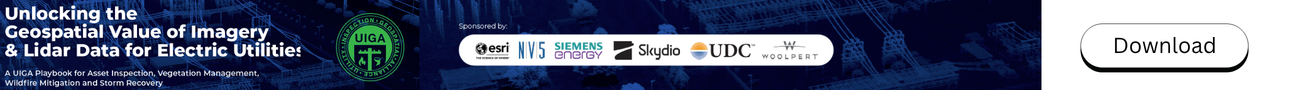 Banner promoting a UIGA playbook on the geospatial value of imagery and lidar data for electric utilities, with sponsor logos and a Download button.