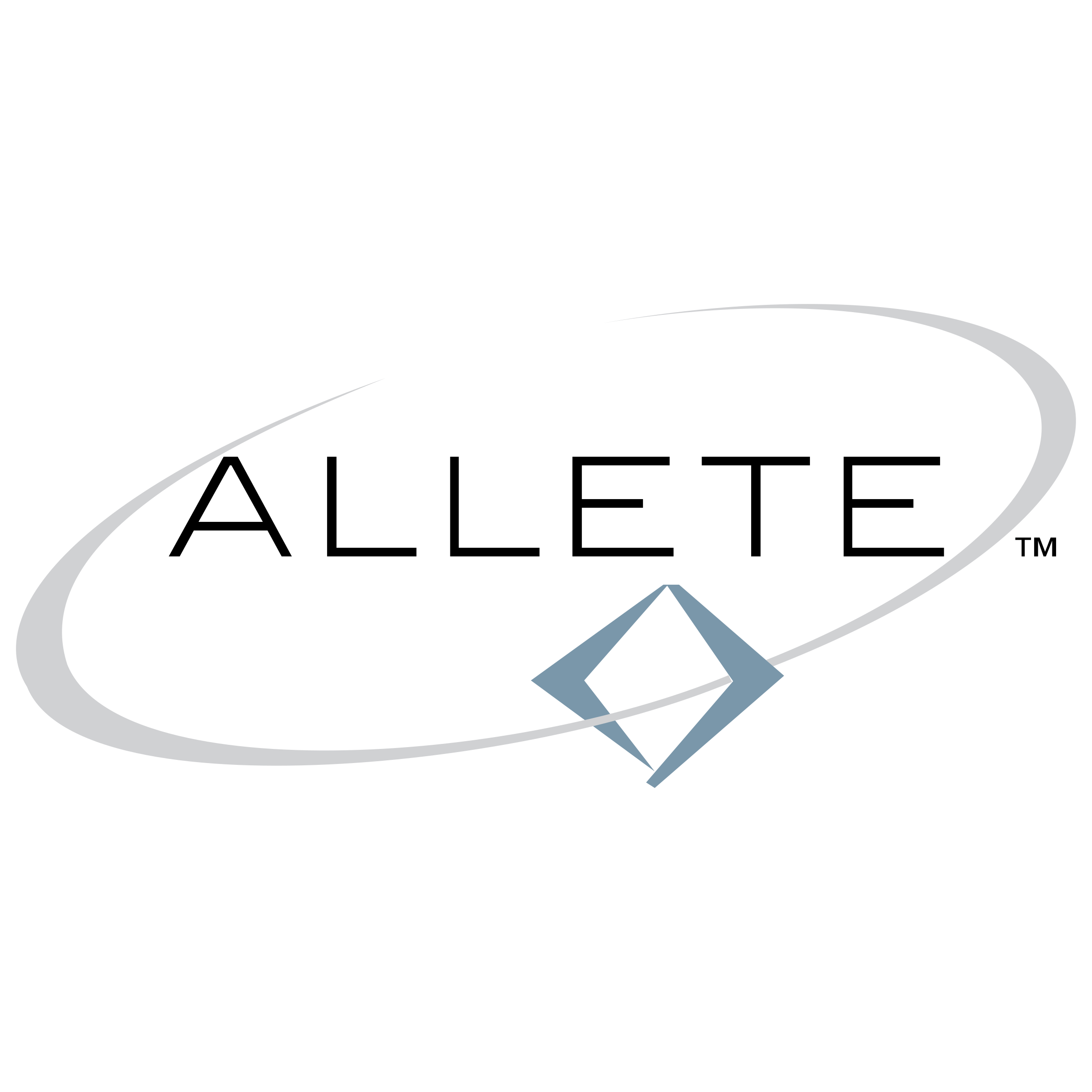 Abstract black graphic with a sweeping light gray loop and blue geometric diamond shape