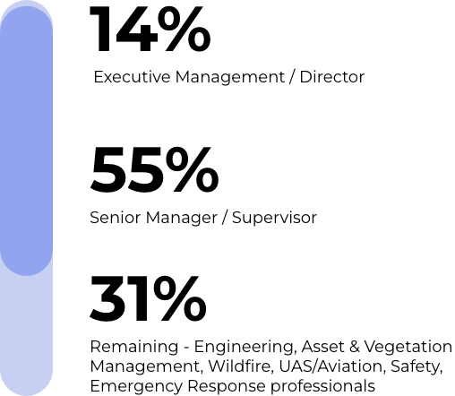 Workforce breakdown infographic showing 14% executive management/directors, 55% senior managers/supervisors, and 31% engineering, asset and vegetation management, wildfire, aviation, safety, and emergency response professionals.