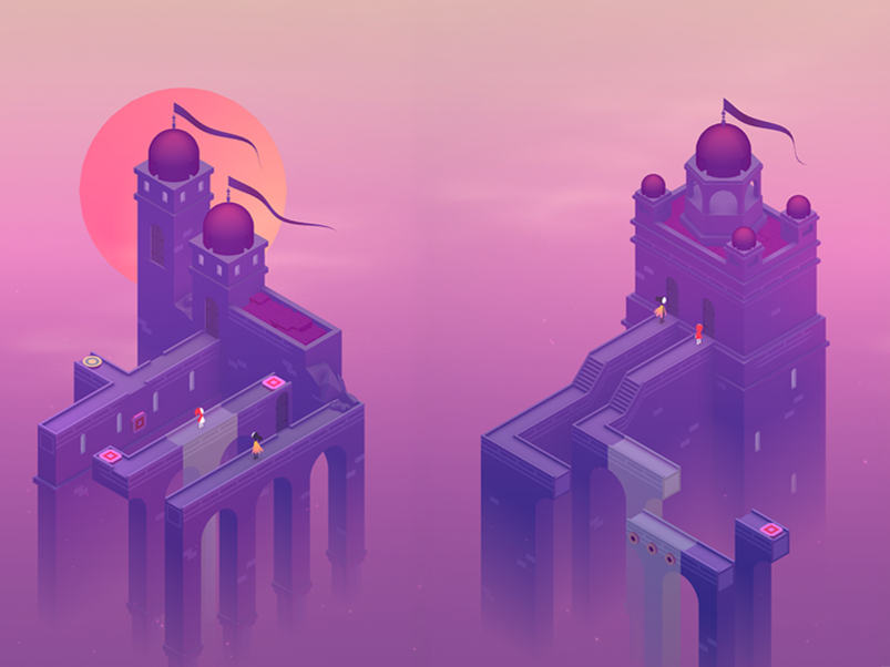 Fantasy illustration of two purple castle towers connected by a bridge, set against a pink and purple sky with a red sun or moon in the background.