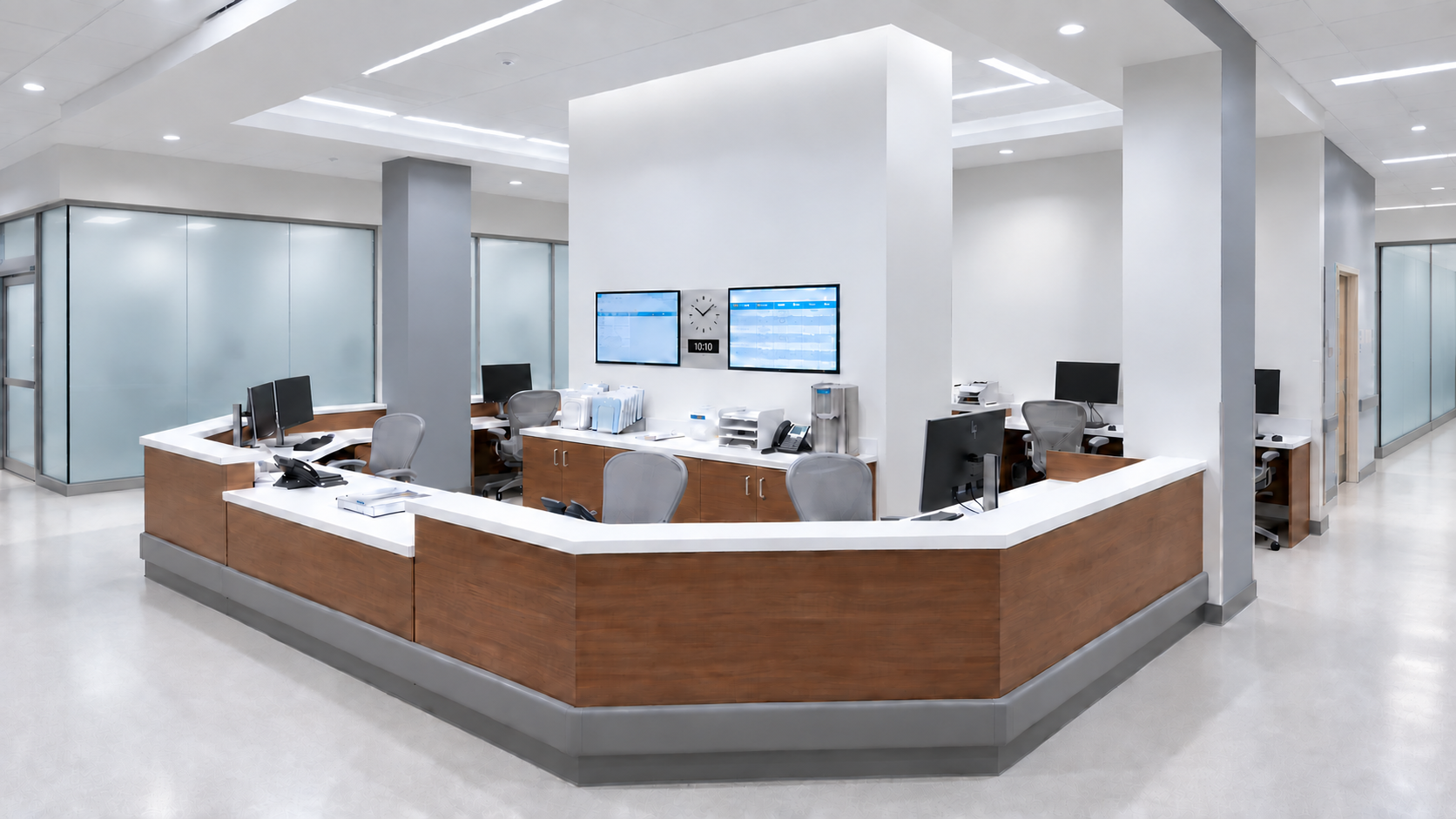 LifeFlo nurse station with integrated clinical work surfaces and storage.