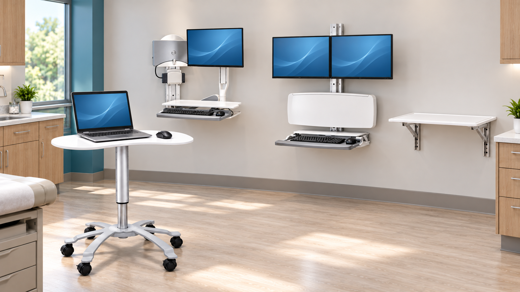 LifeFlo wall-mounted workstation and supporting storage.