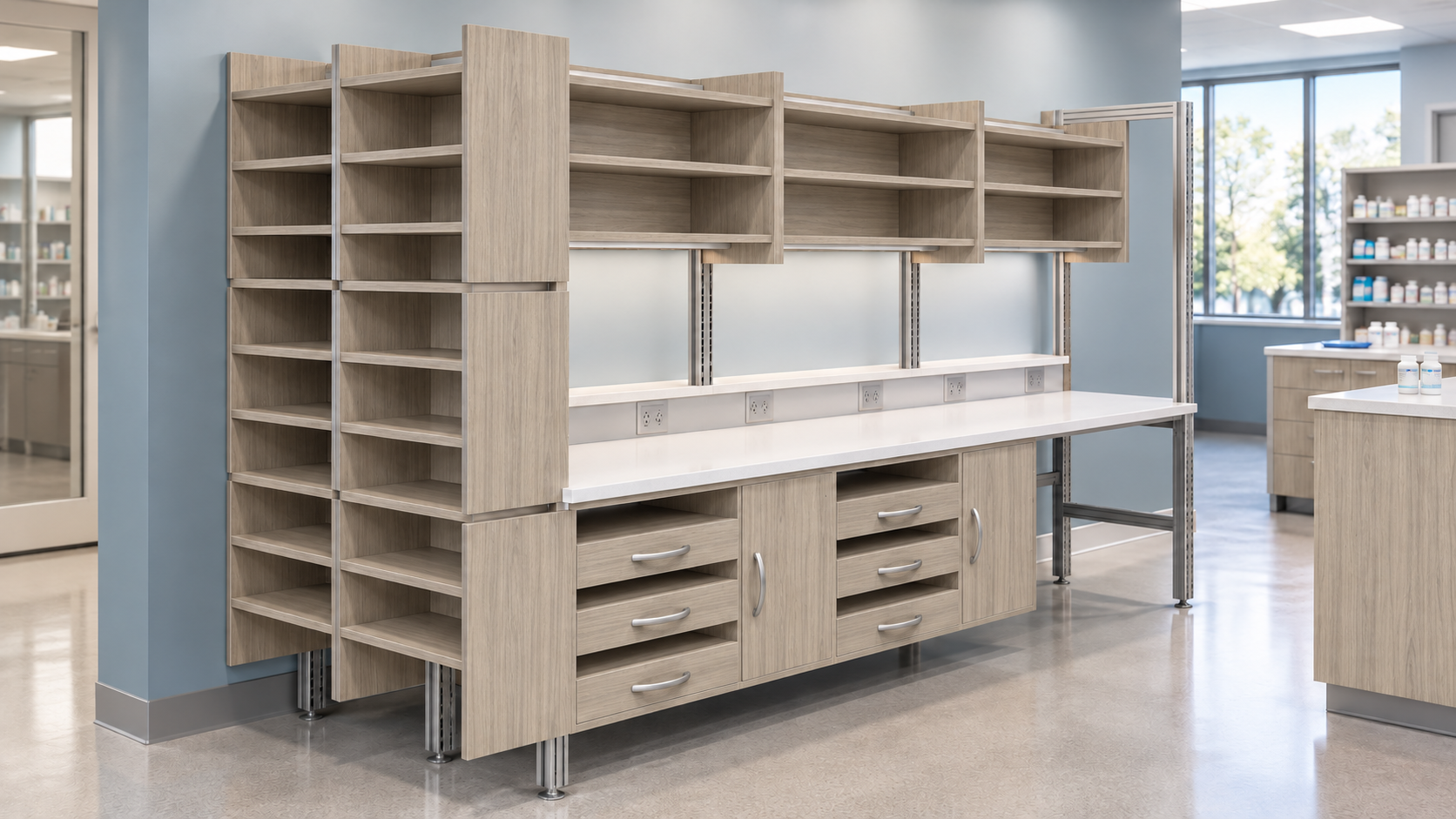 LifeFlo configurable casework and clinical storage.