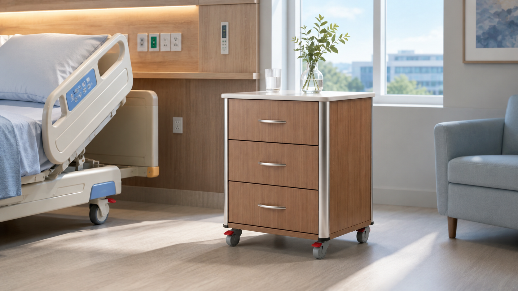 LifeFlo bedside storage in a daylight-filled patient room.