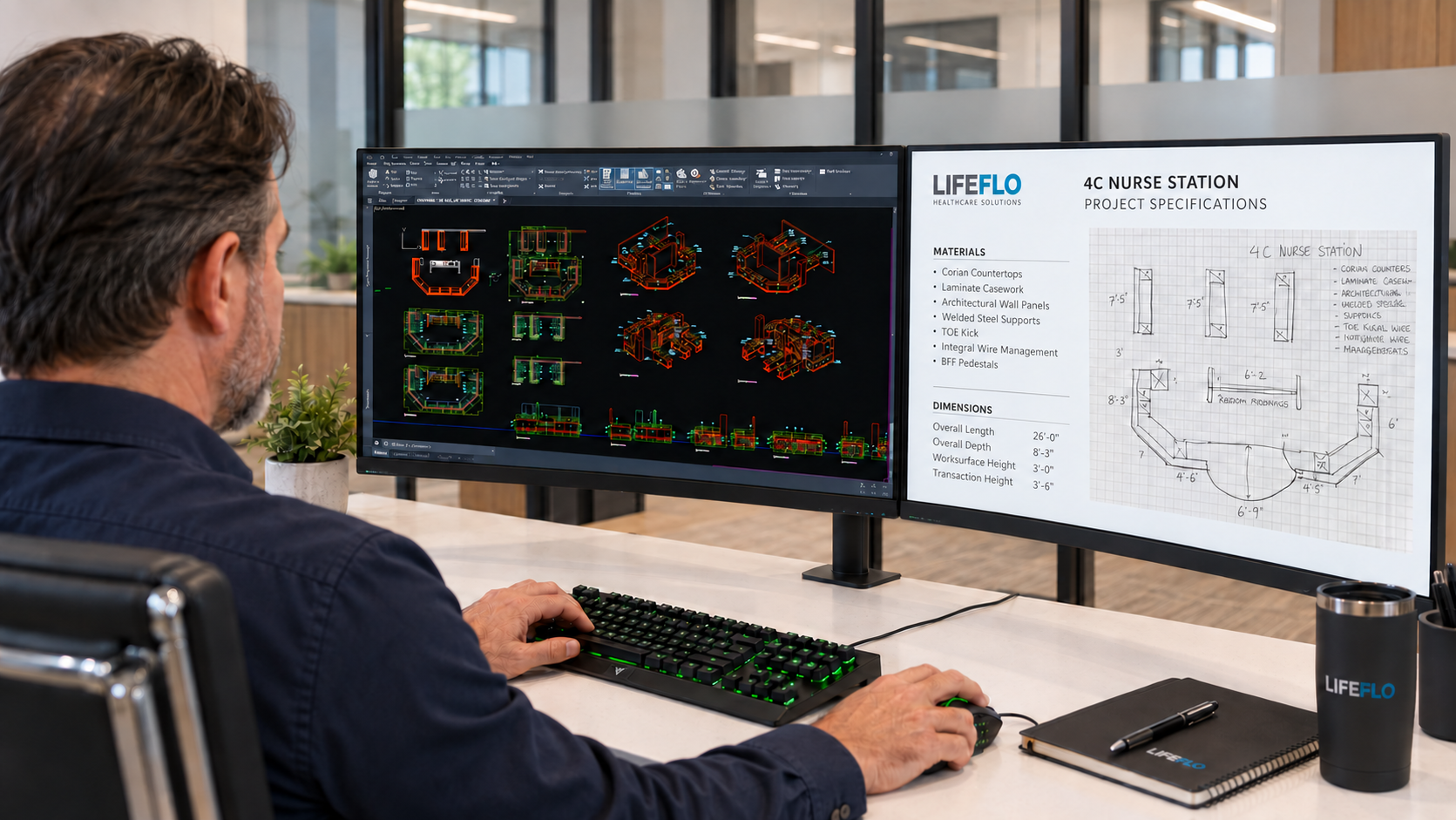 LifeFlo technical drawing for a custom clinical workstation.