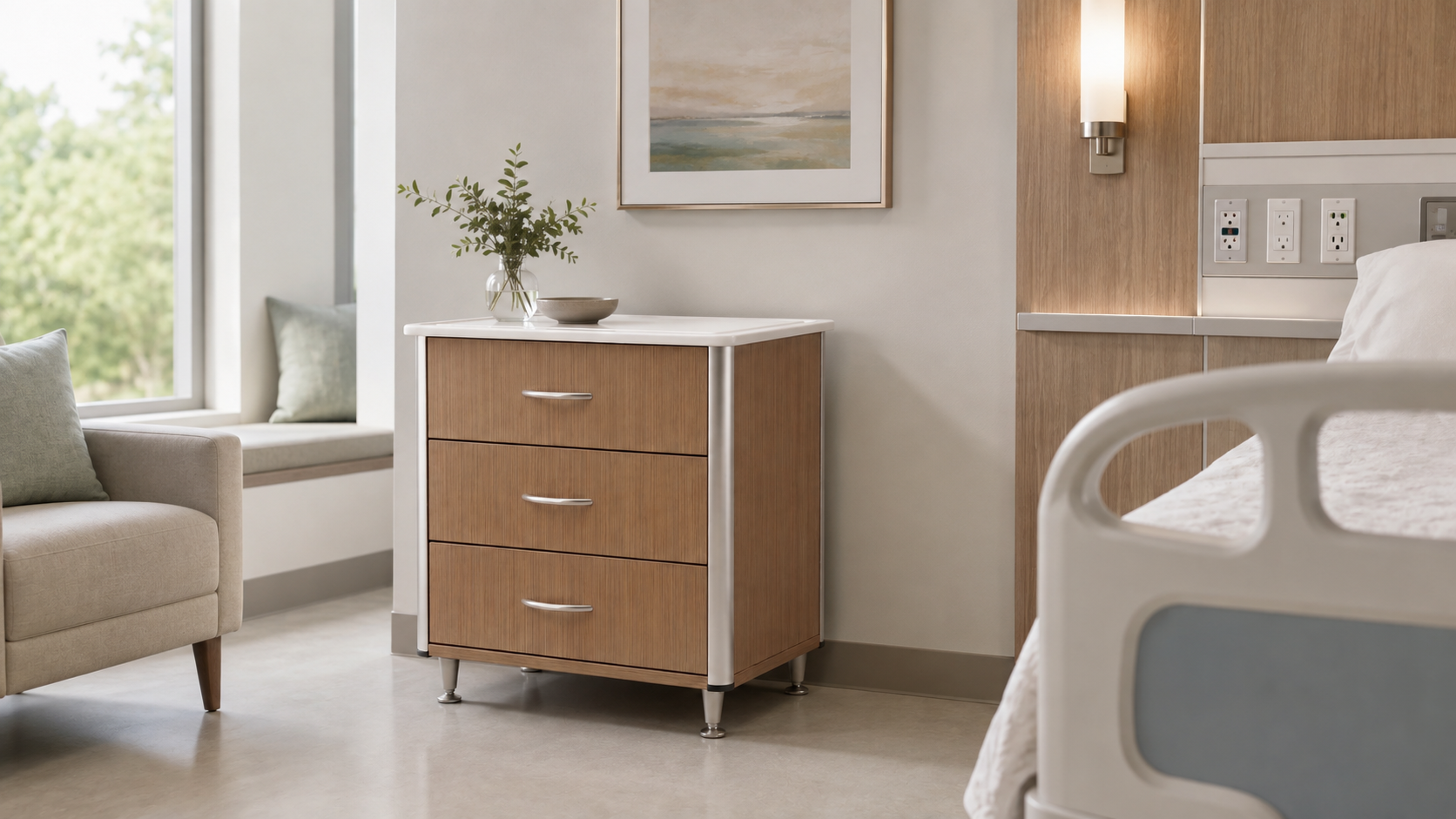 A light-filled patient room with bedside storage and space for a caregiver.