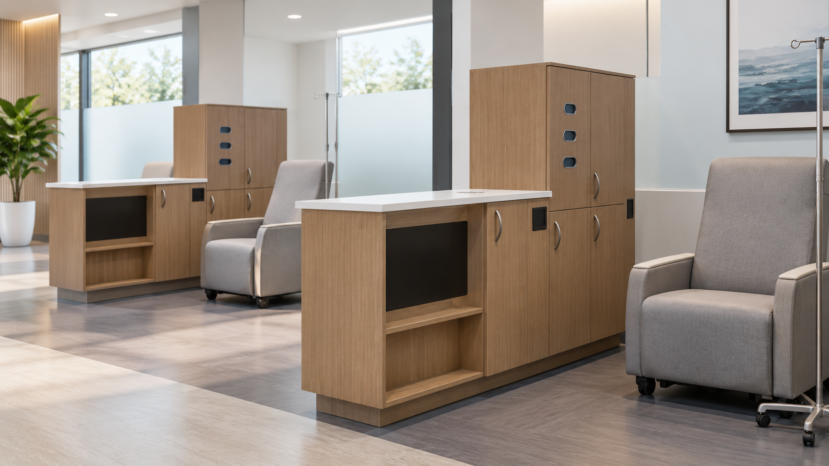 LifeFlo infusion stations arranged beside patient treatment chairs.