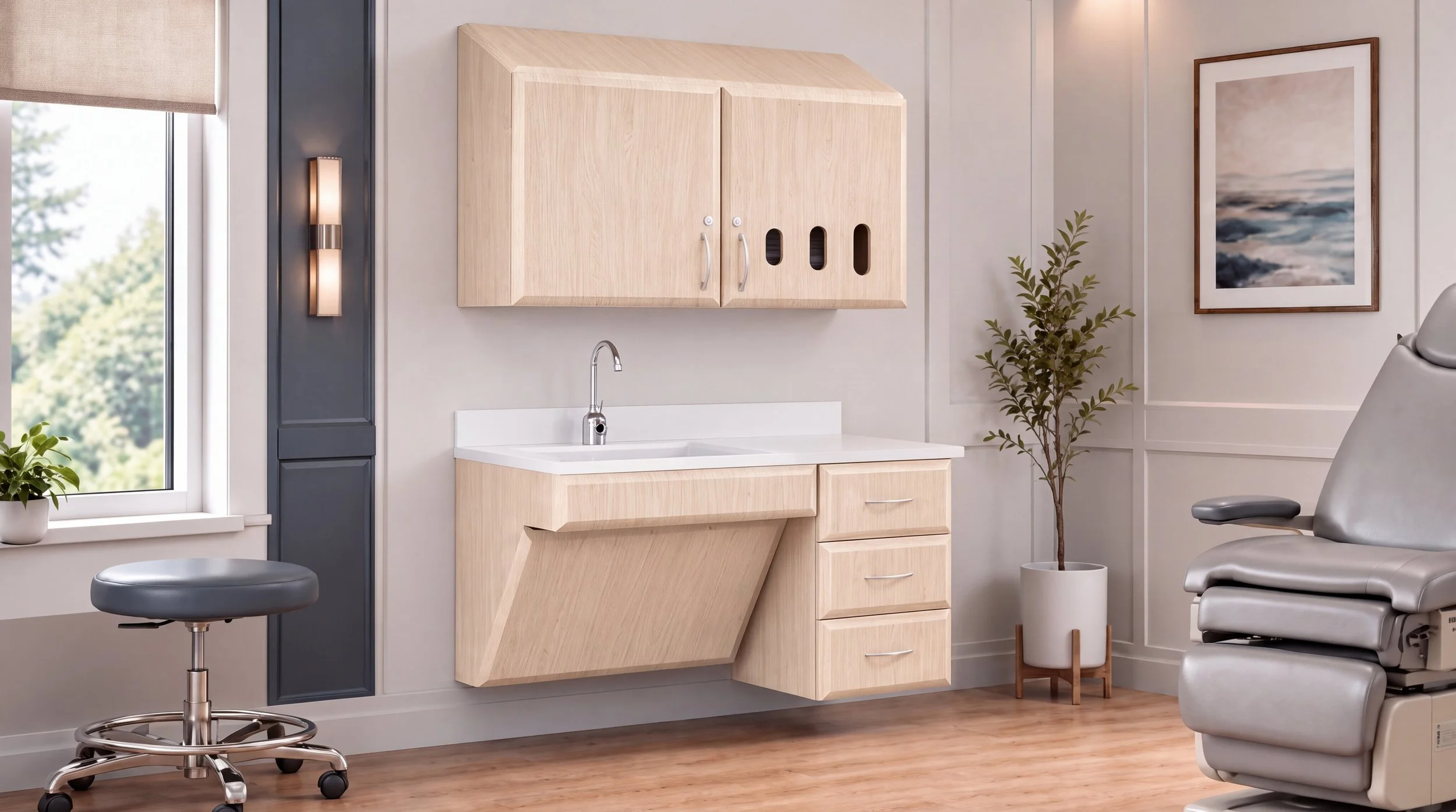Magellan exam-room configuration with a sink, upper cabinet, and mobile drawer unit.