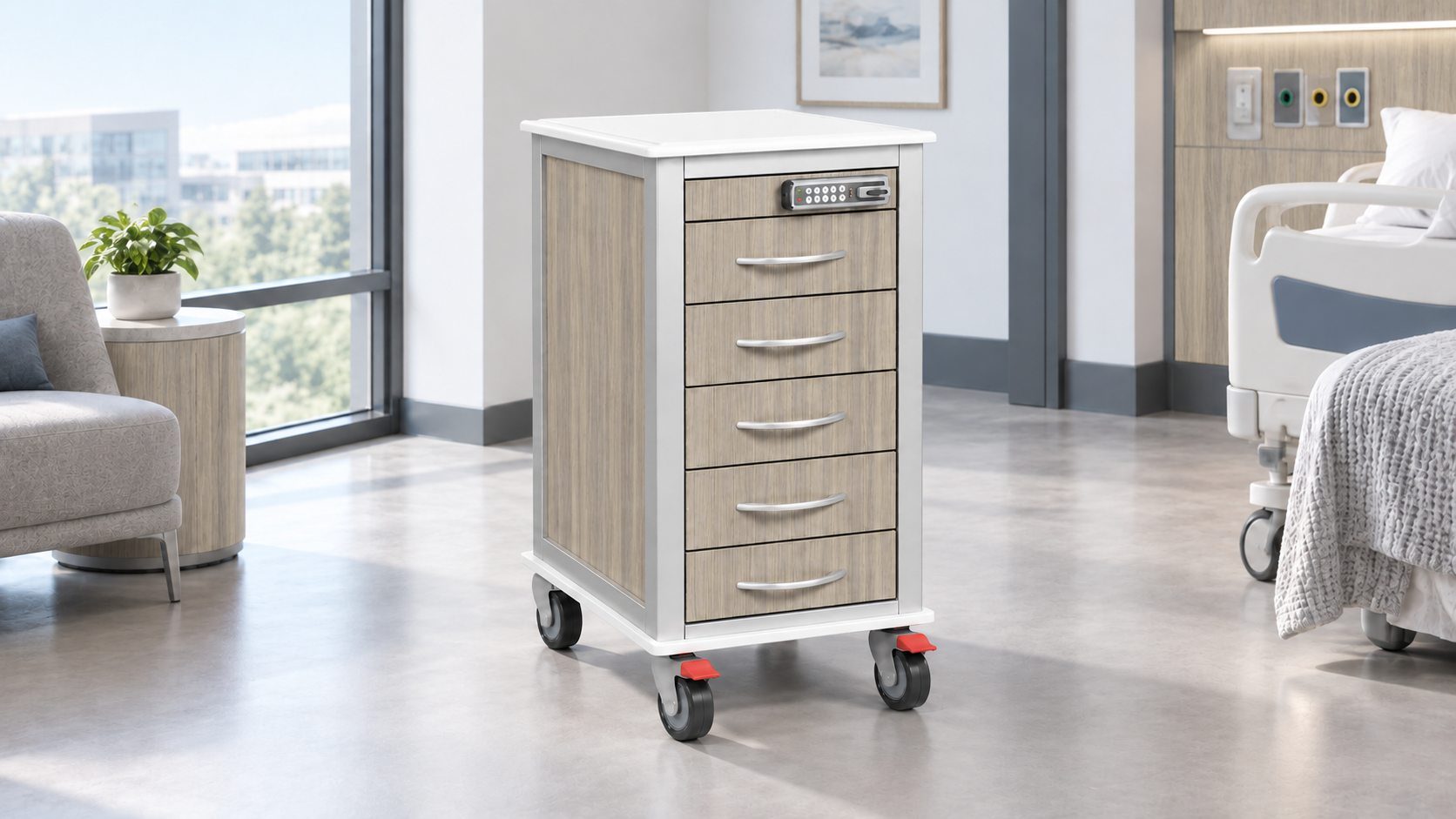 LifeFlo mobile medical cart with drawers and locking casters.