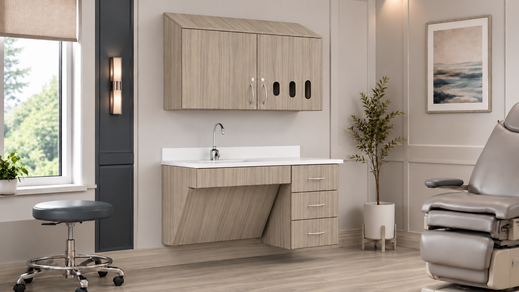 Portofino exam-room configuration with inset fronts and coordinated cabinetry.
