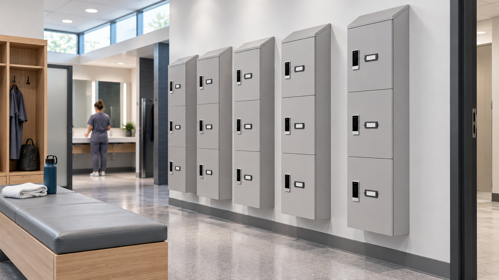 LifeFlo storage lockers in a healthcare staff changing area.