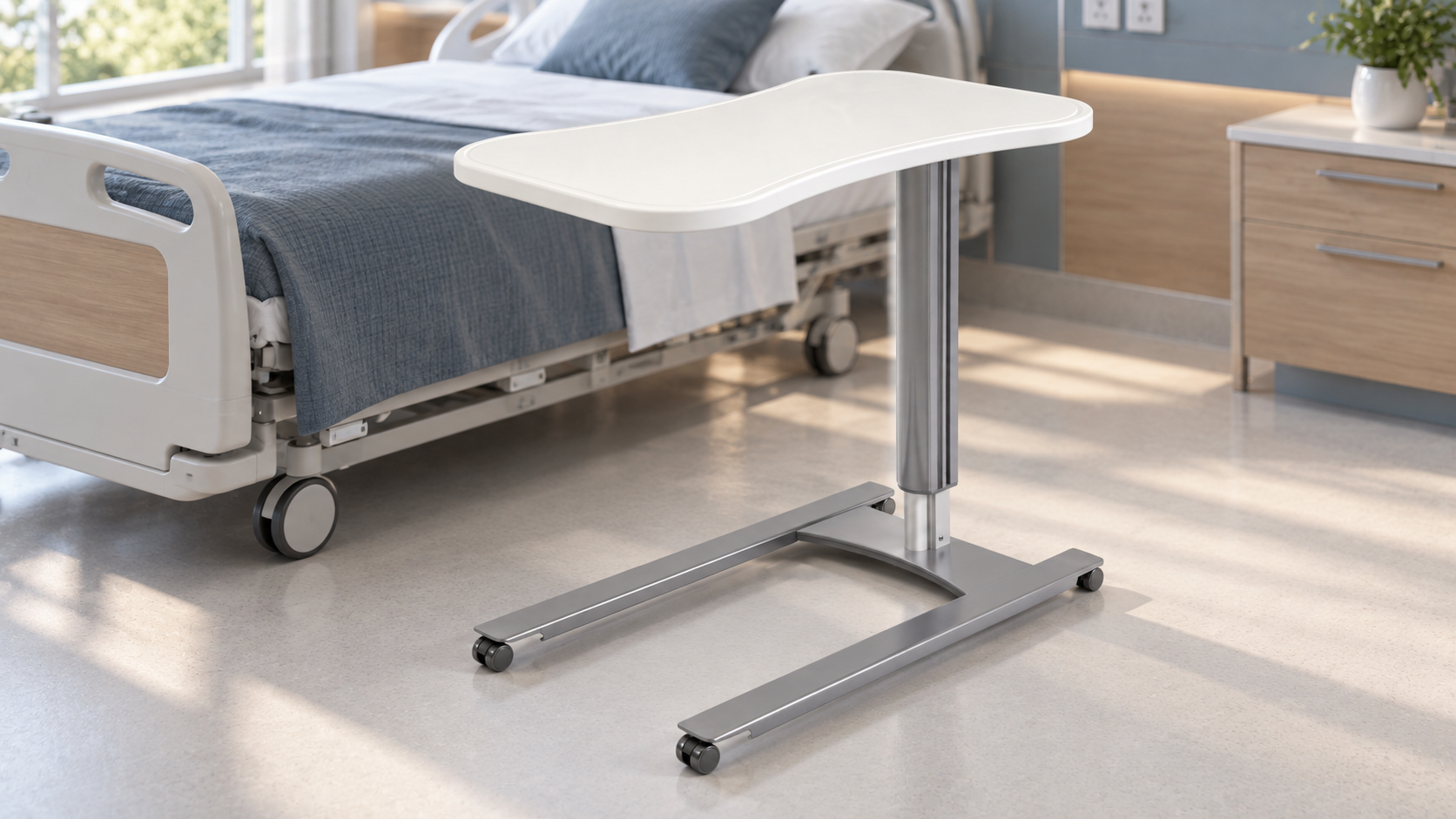 LifeFlo overbed table with a solid-surface top and low-profile base.