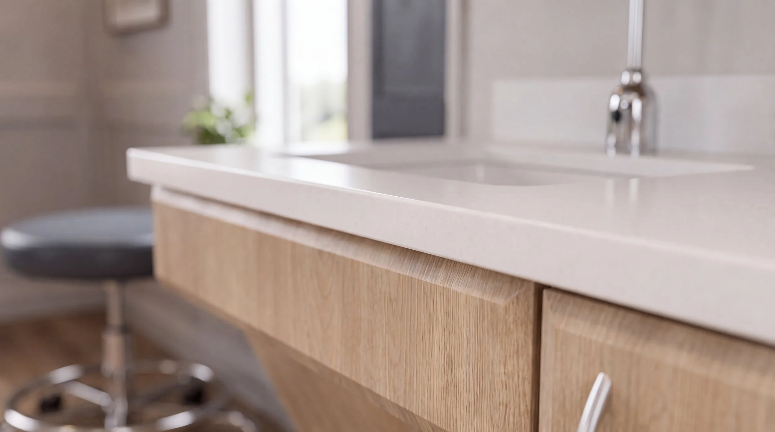 LifeFlo overbed table with a shaped solid-surface top.