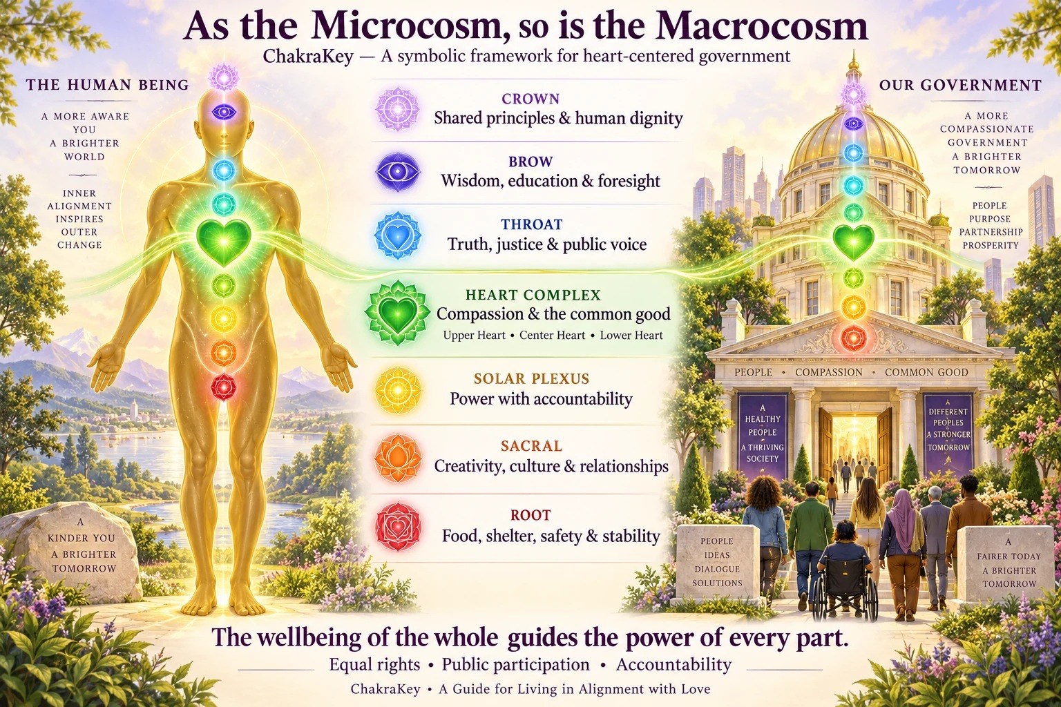 A colorful infographic depicting the seven chakras in the body, labeled from bottom to top: Root, Sacral, Solar Plexus, Heart Complex, Throat, Brow, and Crown. Each chakra has a description, from food, shelter, stability, to shared principles, wisdom, and consciousness. The background shows a radiant figure standing in nature, and a government building labeled with qualities like compassion and purpose. Around the scene are groups of diverse people, emphasizing unity and well-being, with slogans about a brighter, fairer tomorrow, and the importance of rights, participation, and accountability.
