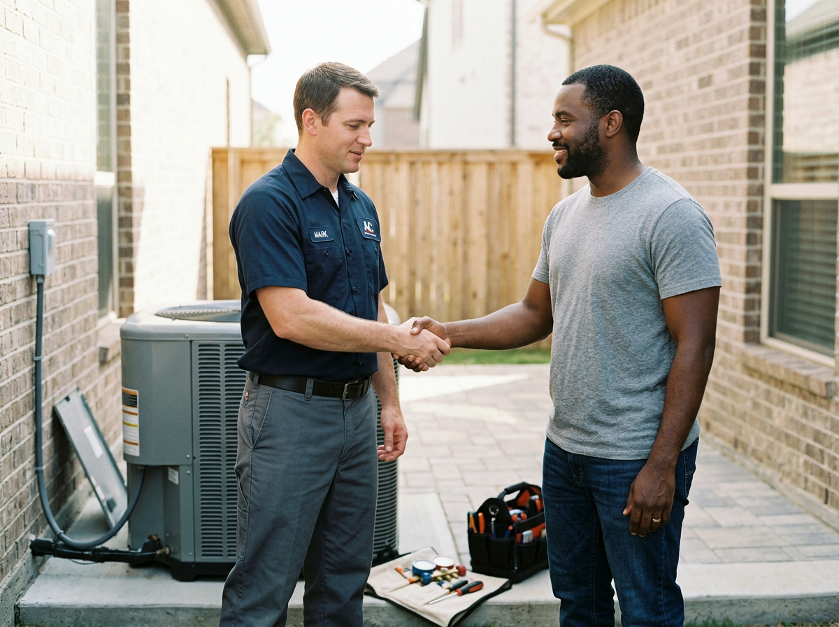 A technician shaking hands with a customer outside a brick house, with HVAC tools on the ground nearby.