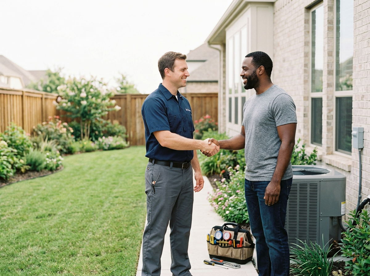 Two men shake hands in a backyard garden, smiling at each other. One man is wearing a blue uniform shirt, and tools are nearby on the ground. The backyard has well-maintained grass, flowers, and a wooden fence.