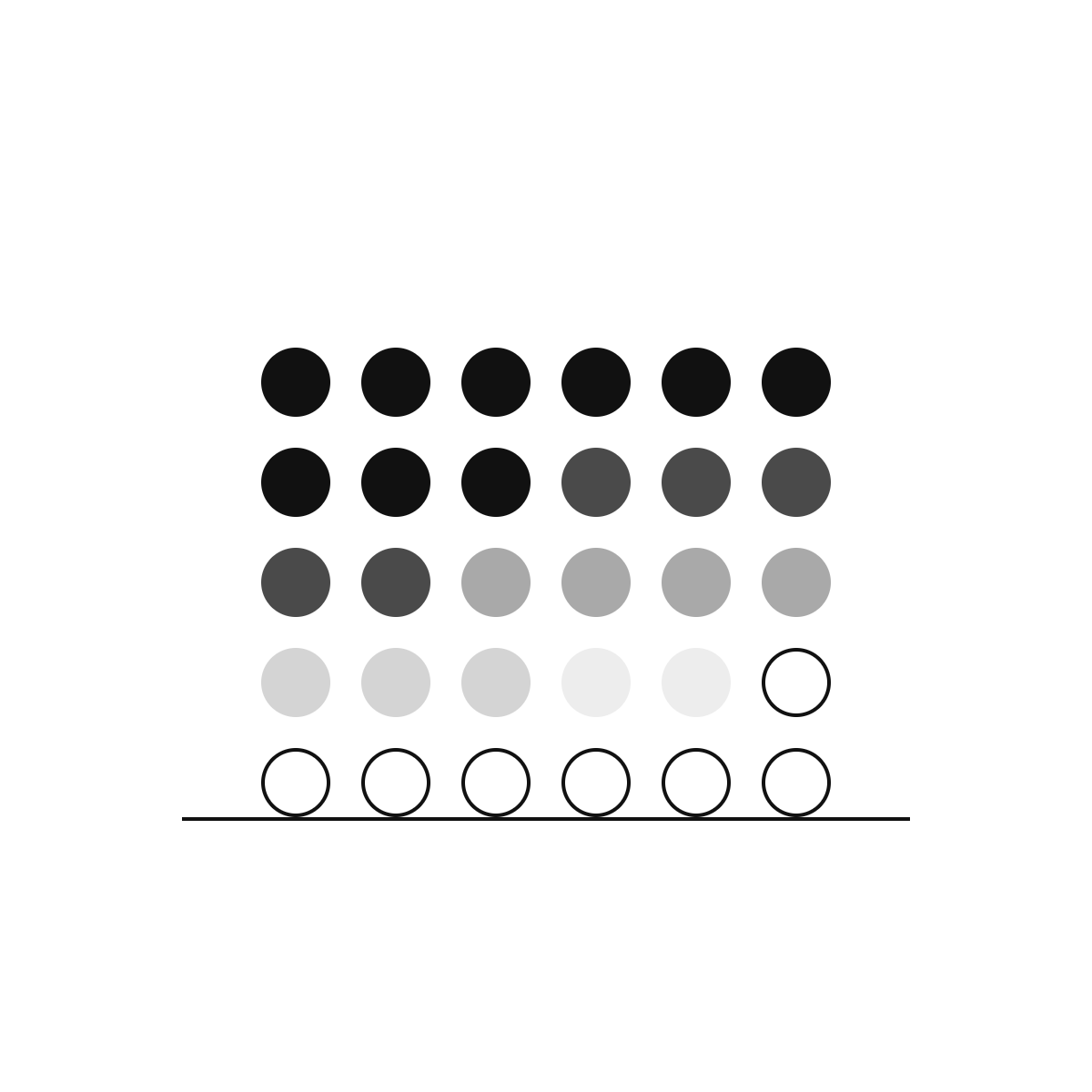 Colored dots arranged in a grid pattern with a horizontal line at the bottom, including black, dark gray, light gray, and white circles, some outlined.