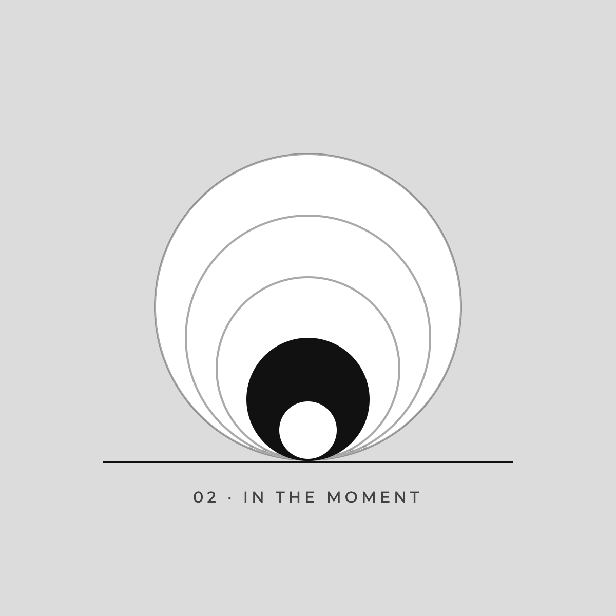 Minimalist black and white geometric design with concentric circles and a horizontal line at the bottom. Text below reads "02 · IN THE MOMENT."