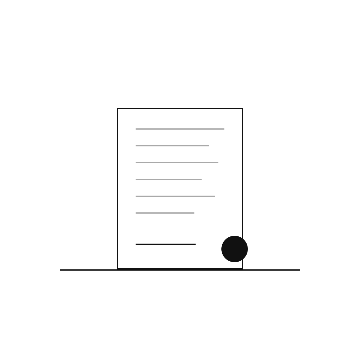 A minimalistic illustration of a white sheet of paper with black lines representing text and a large black dot in the lower right corner.
