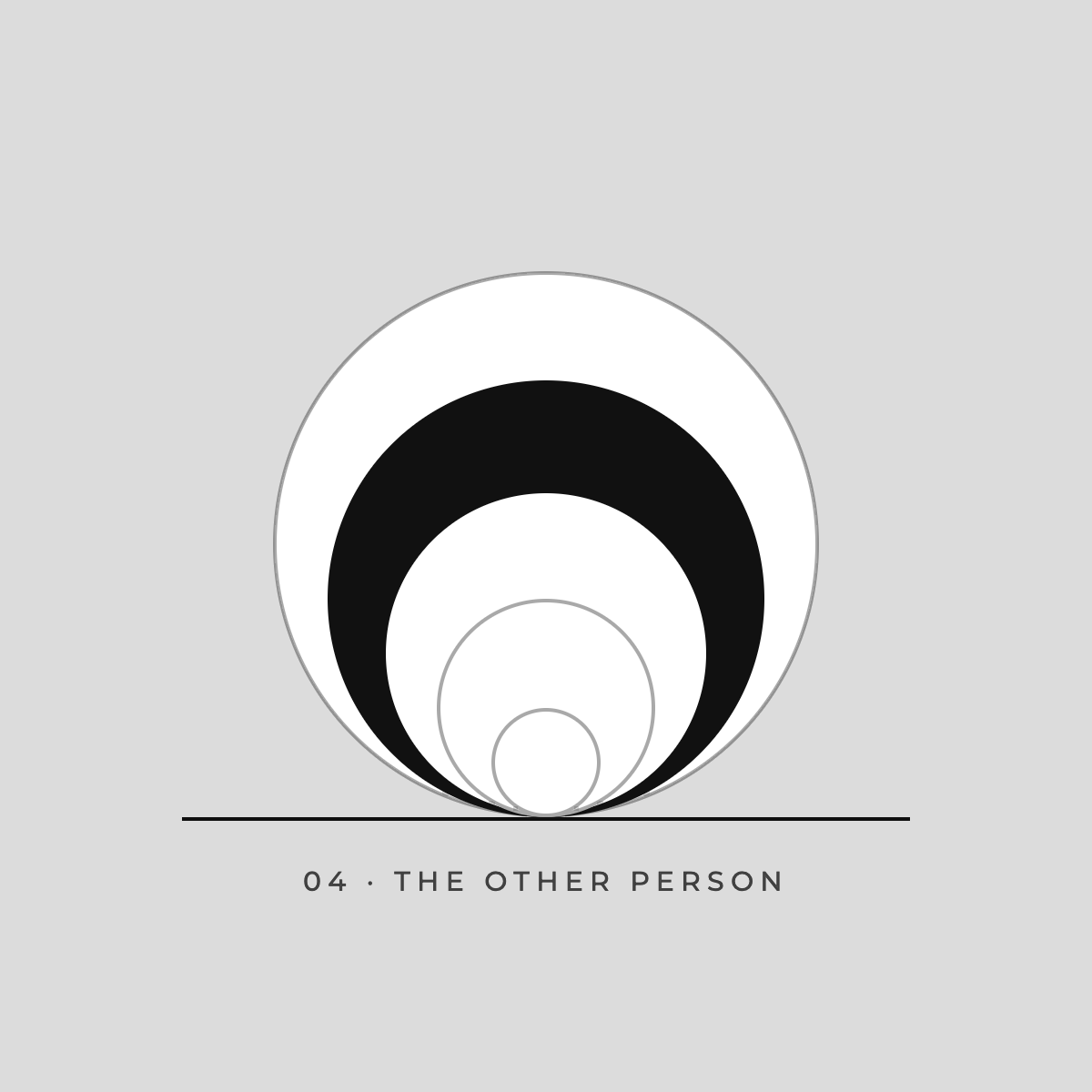 Design featuring concentric circles in black and white, labeled '04 - The Other Person' on a gray background.