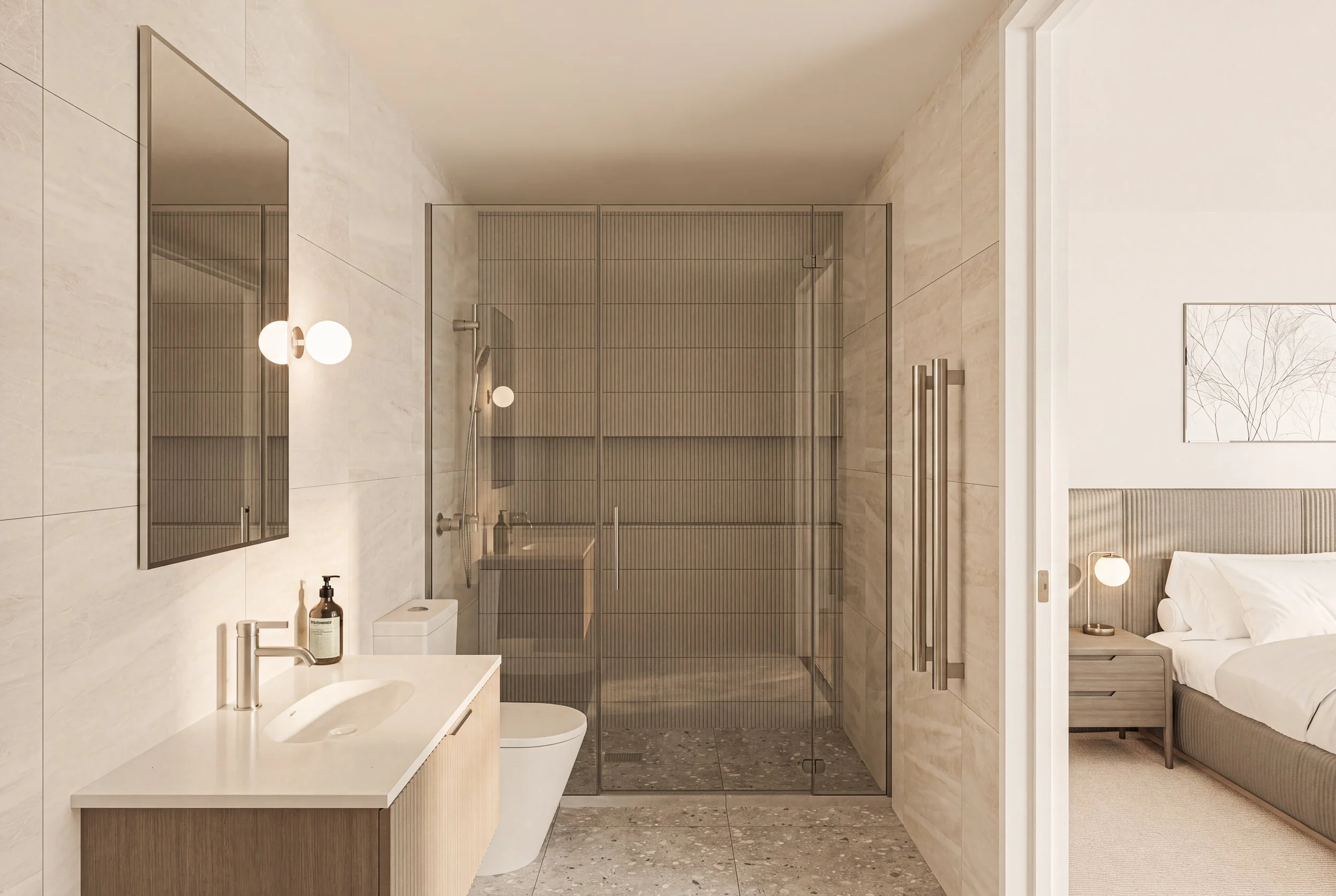 Modern bathroom with glass-enclosed shower, wall-mounted mirror, white sink, toilet, and bedroom visible through an open door.