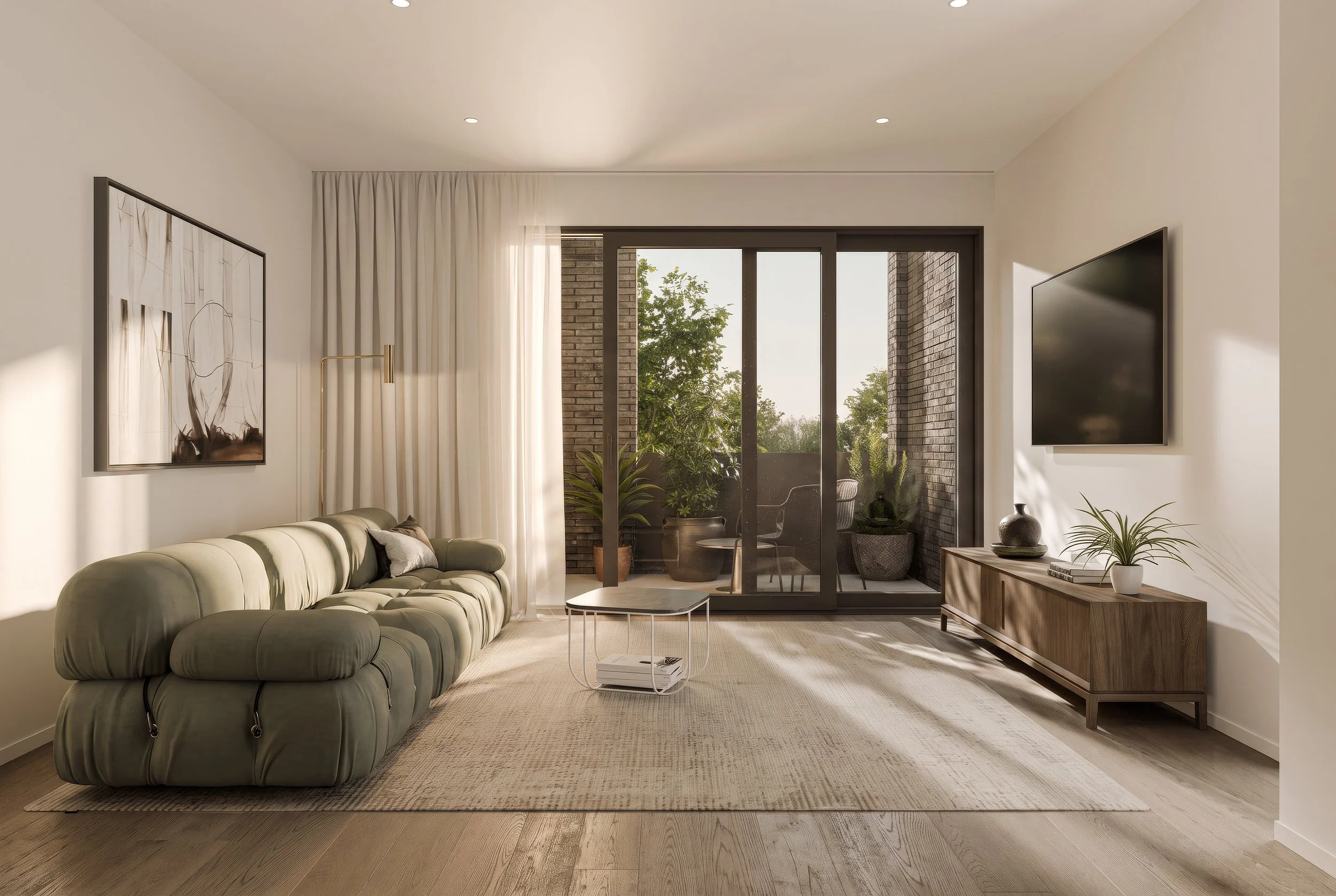 Modern living room with cream-colored couch, abstract wall art, wood TV stand, potted plants, and glass sliding door leading to balcony with outdoor furniture.