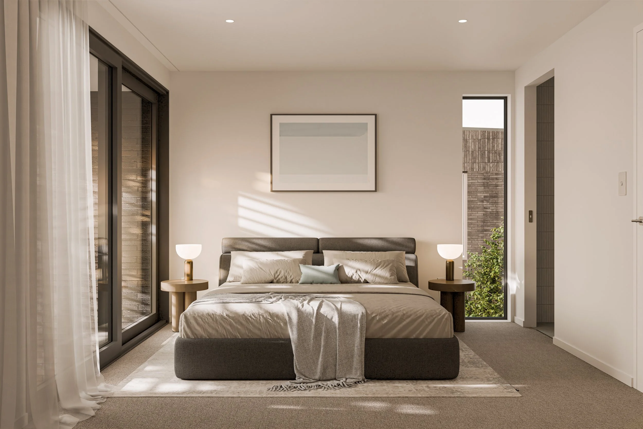 Modern bedroom with a bed, two bedside tables with lamps, large windows, and minimalistic decor.