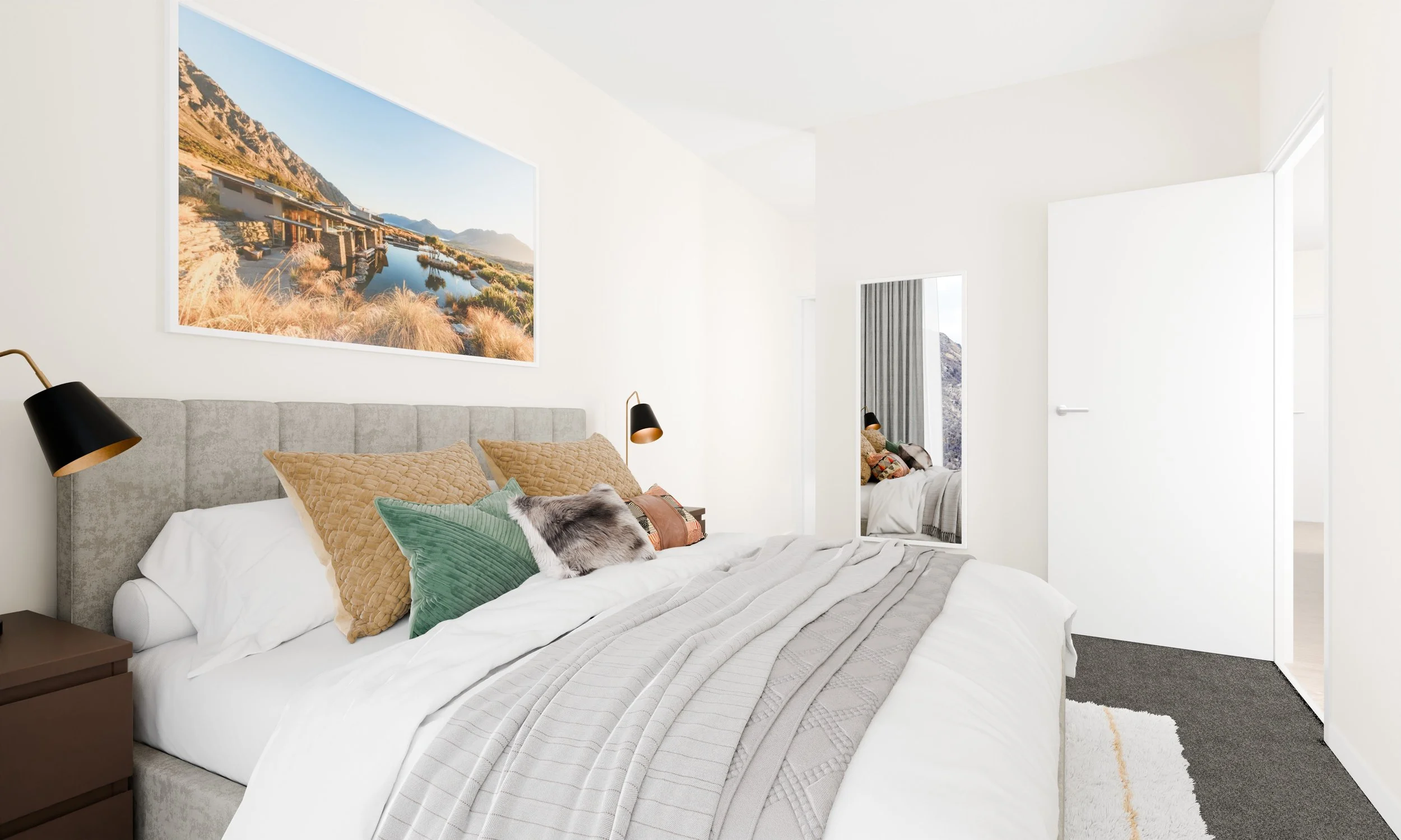 A modern bedroom with a white bed, beige and green pillows, a wall-mounted black reading lamp, a large landscape photo on the wall, and a mirror reflecting an adjacent bed with cushions.