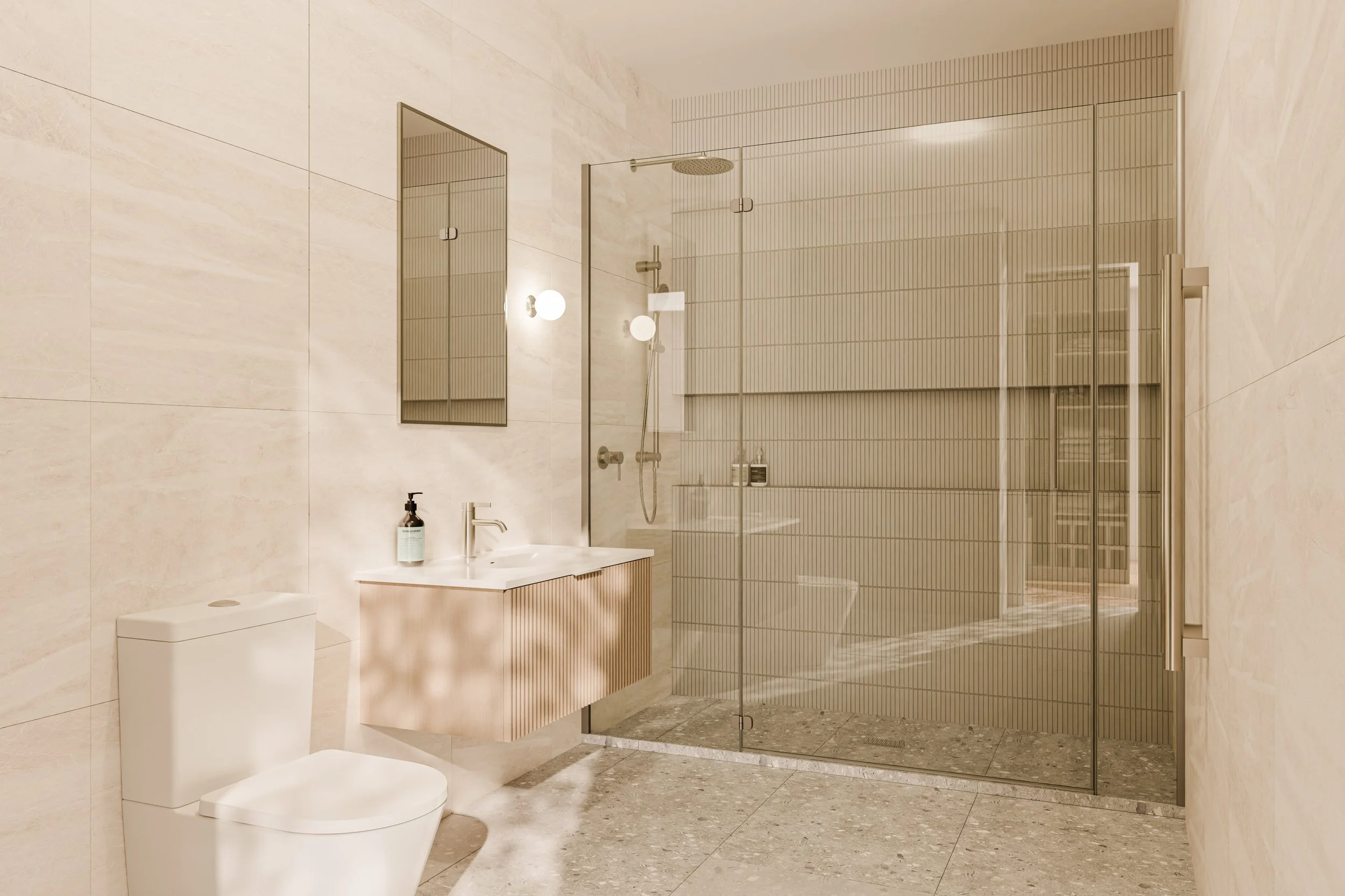 Modern bathroom with beige tiled walls and floor, white toilet, floating vanity with a sink, round mirror, wall-mounted light, and a glass-enclosed shower with a wood-like textured wall.