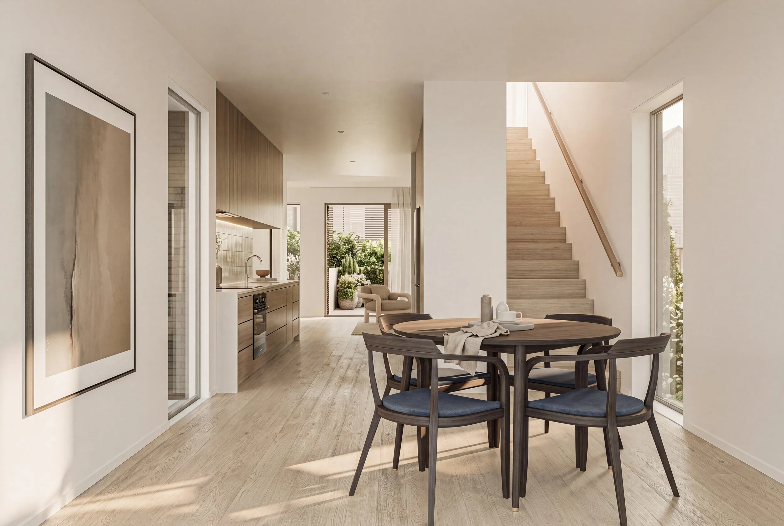 Modern open-concept living space with a dining area, kitchen, and staircase, featuring minimalist decor, large windows, and natural light.