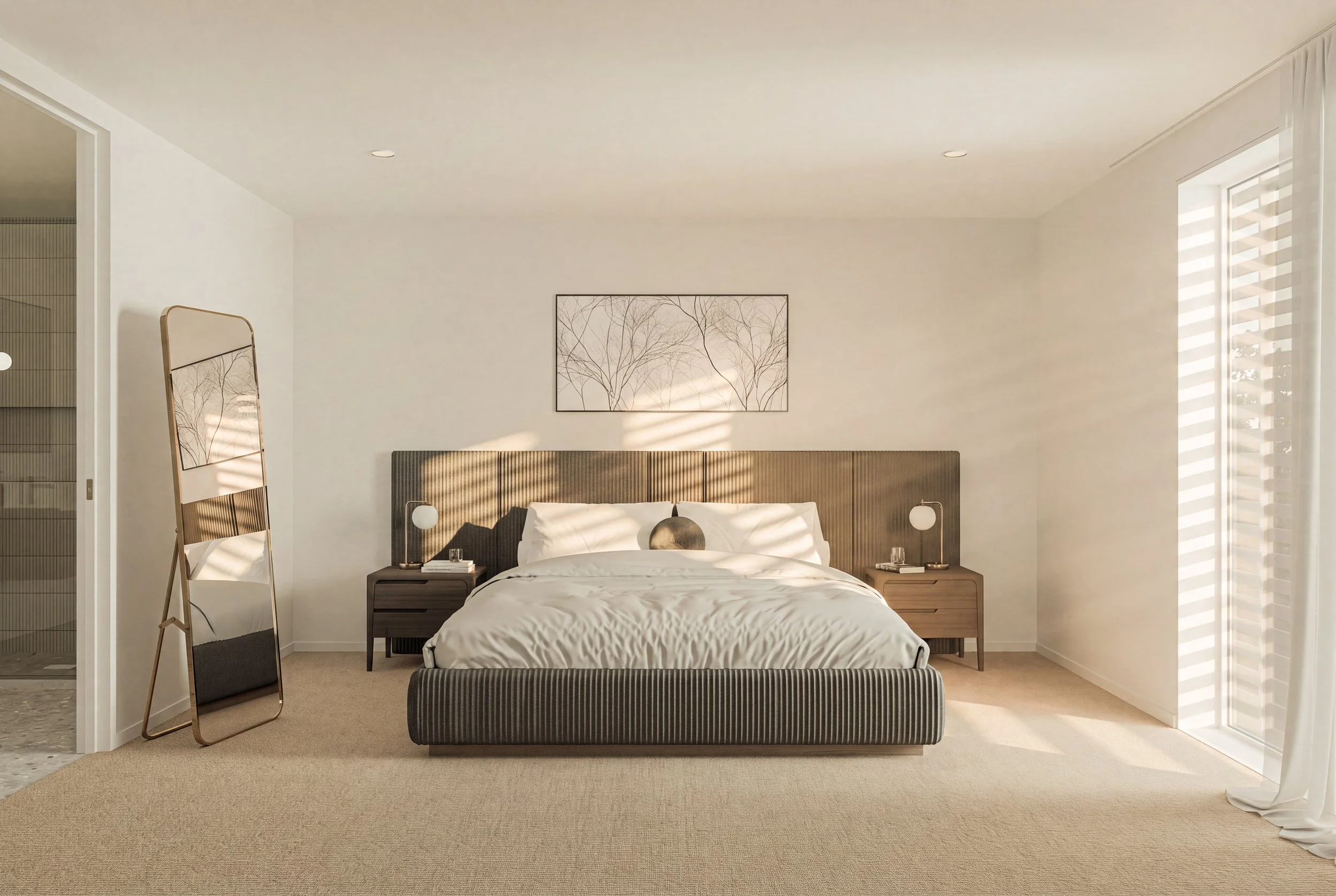 Modern bedroom with a bed, nightstands, lamps, and wall art featuring trees.