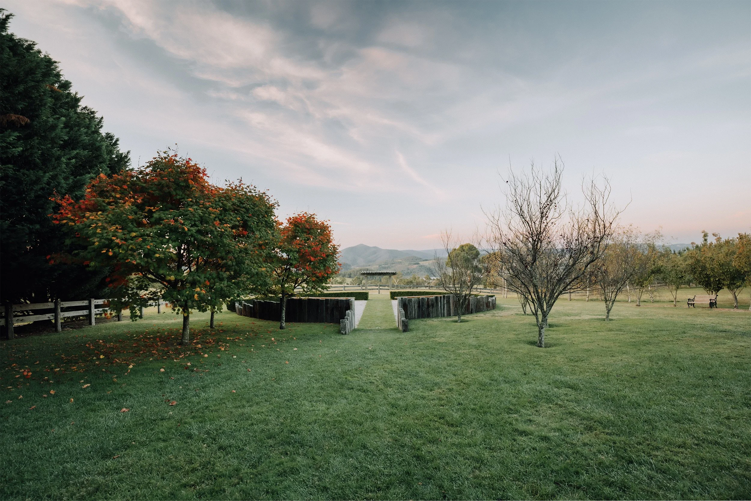 A park with green grass, trees with some fall foliage, a pathway, a bench, and a small shed with mountains and a cloudy sky in the background.