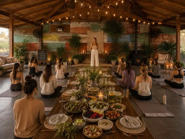 People participating in a yoga class inside a rustic, open-air wooden pavilion decorated with string lights, with a woman leading at the front and a table of food and drinks in the foreground.