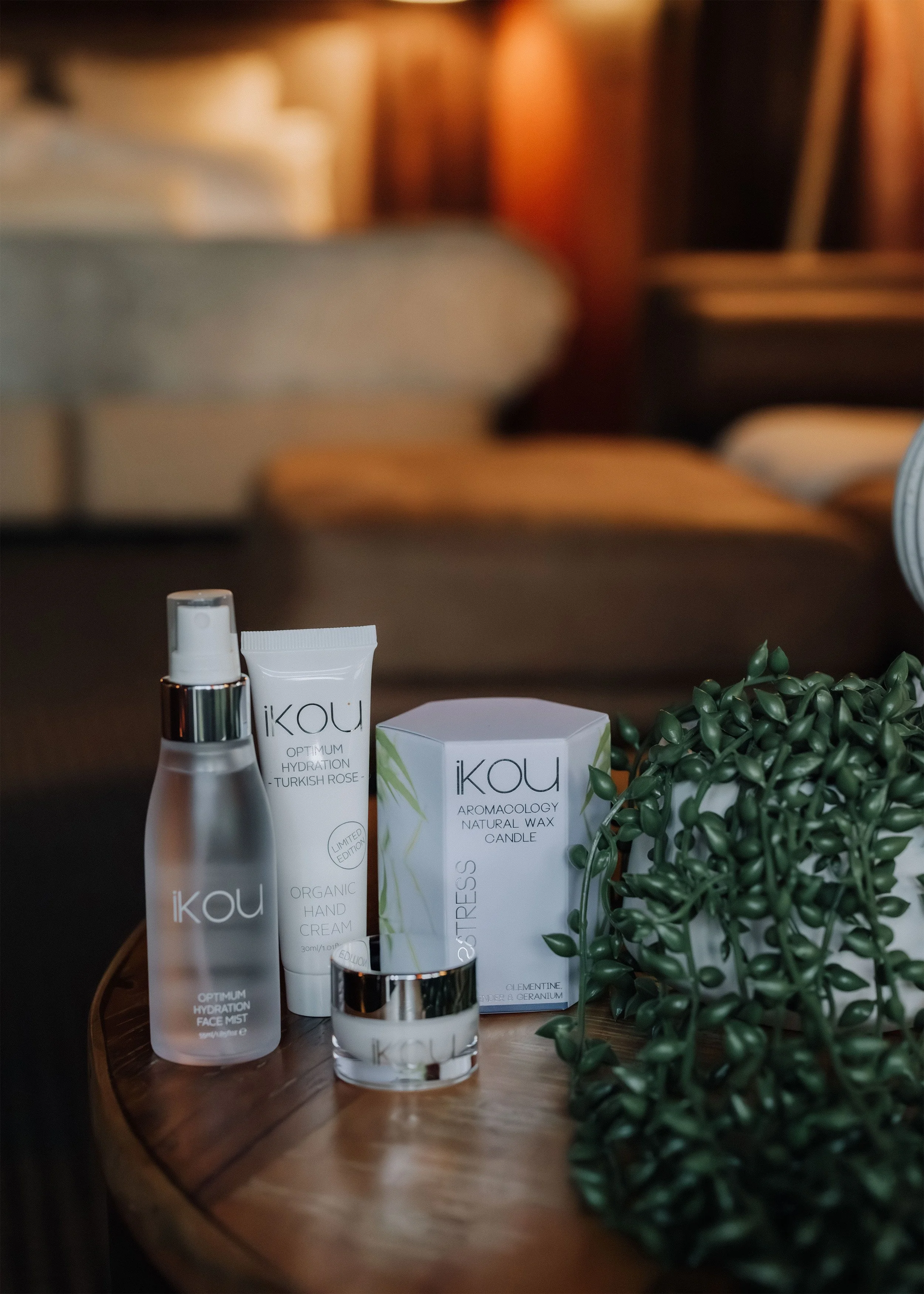 Skincare products including a facial mist, hand cream, natural wax candle, and a small jar, placed on a wooden table next to a potted green plant.