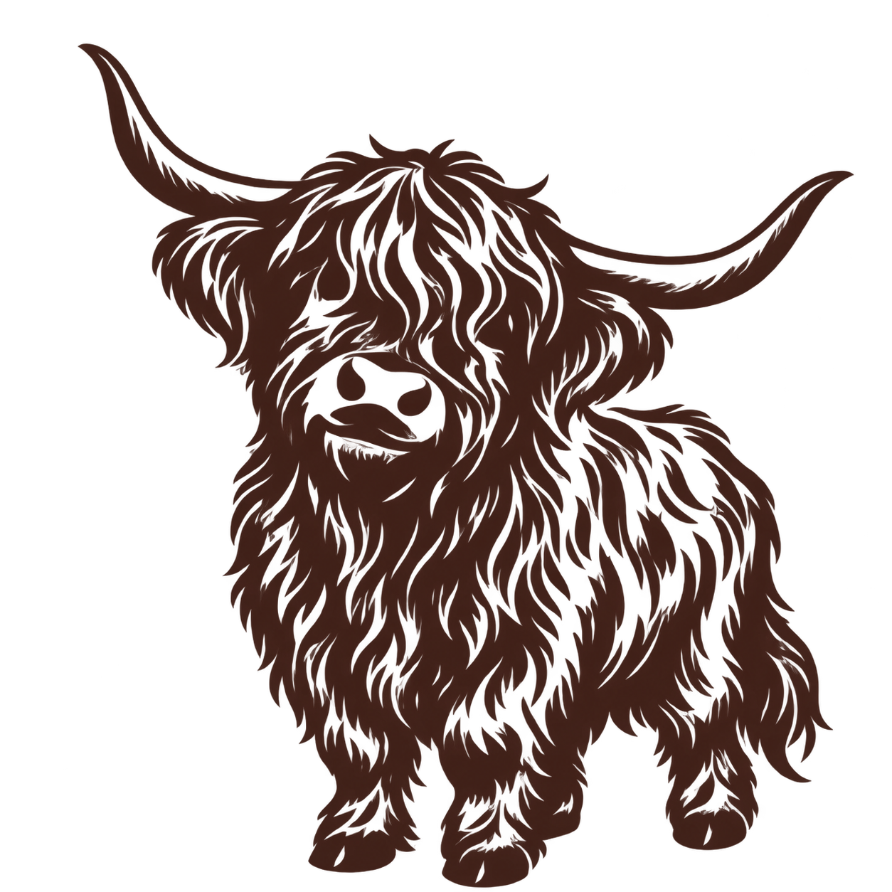 Illustration of a highland cow with long, shaggy brown fur and large horns, facing forward.