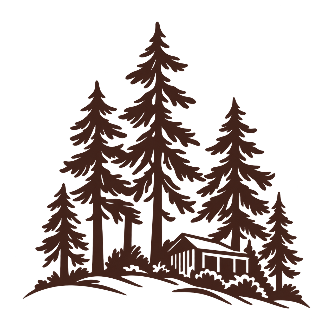 Silhouette of tall pine trees and a small cabin with a deck in a forest setting.