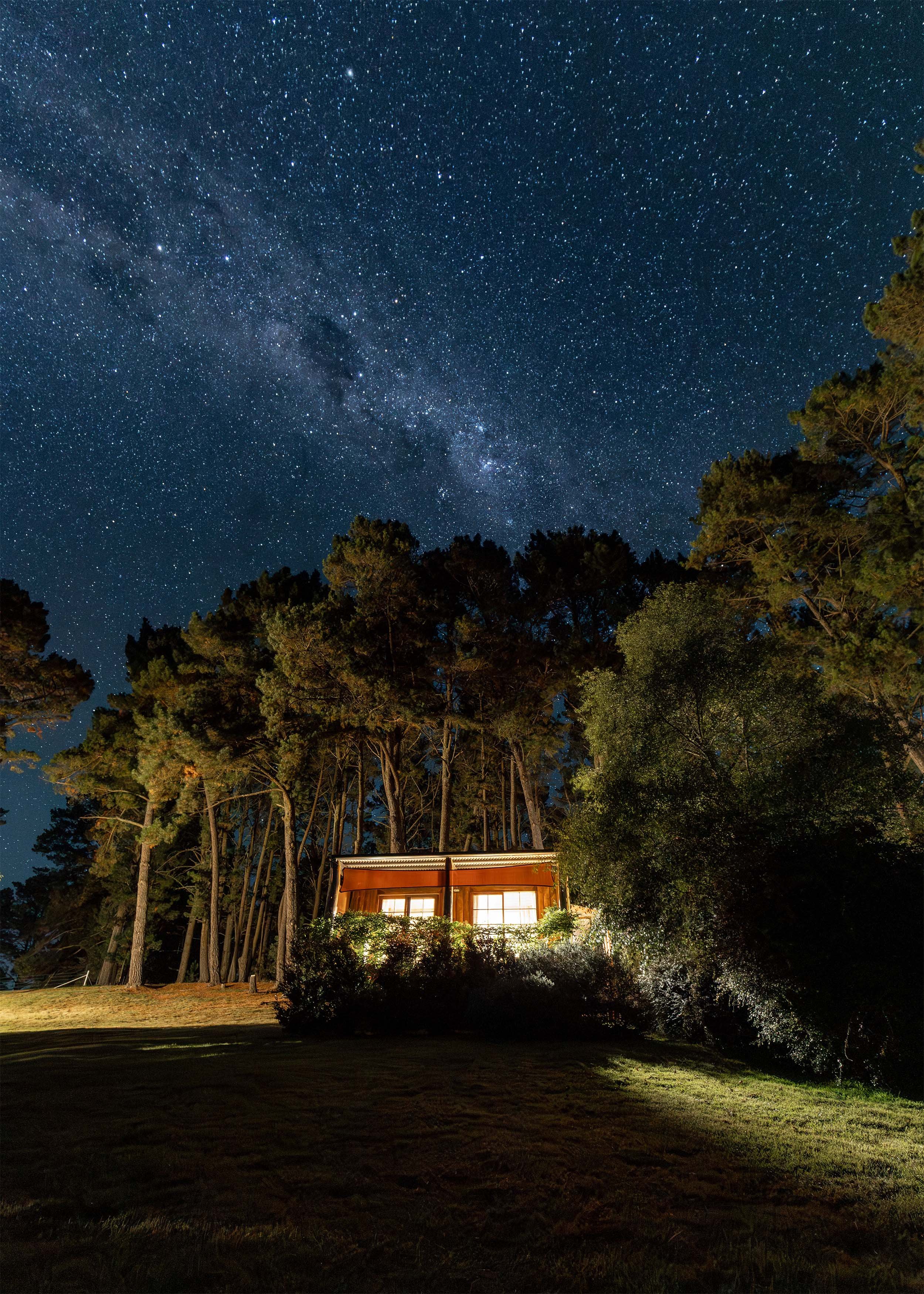 Night sky filled with countless stars and the Milky Way galaxy visible overhead. In the foreground, there is a small house illuminated from within, surrounded by tall trees.