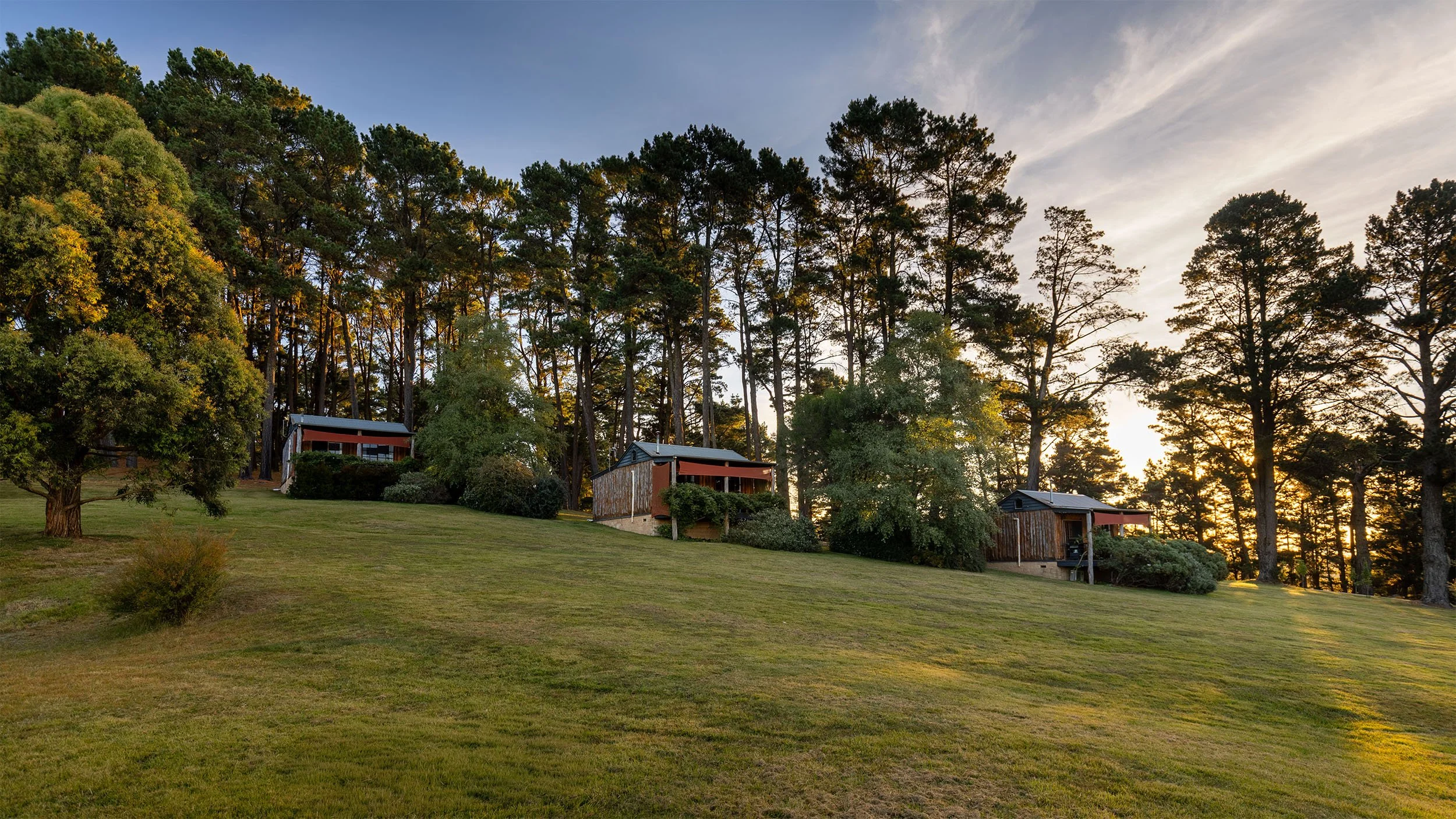 A grassy hill with small houses at the edge, surrounded by tall trees, during sunset with a partly cloudy sky.