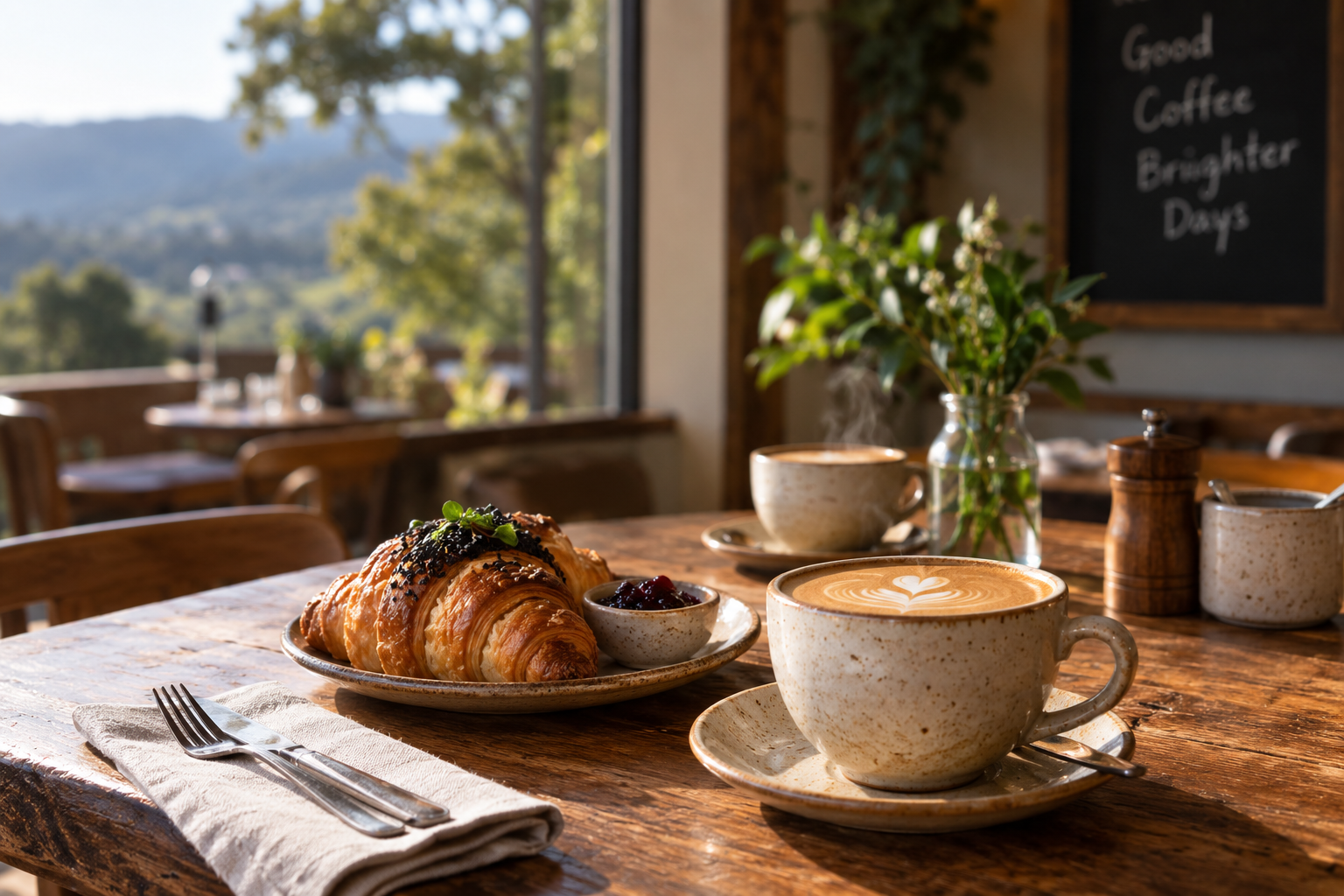 Freshly brewed coffee with latte art, croissants with jam, and a vase of green foliage on a rustic wooden table in a bright cafe with mountain view.