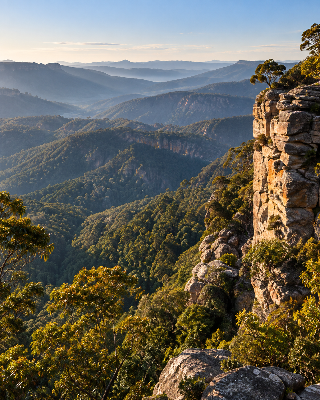 Scenic view of a mountainous landscape with lush green forests and a rocky cliff on the right side, under a clear blue sky.