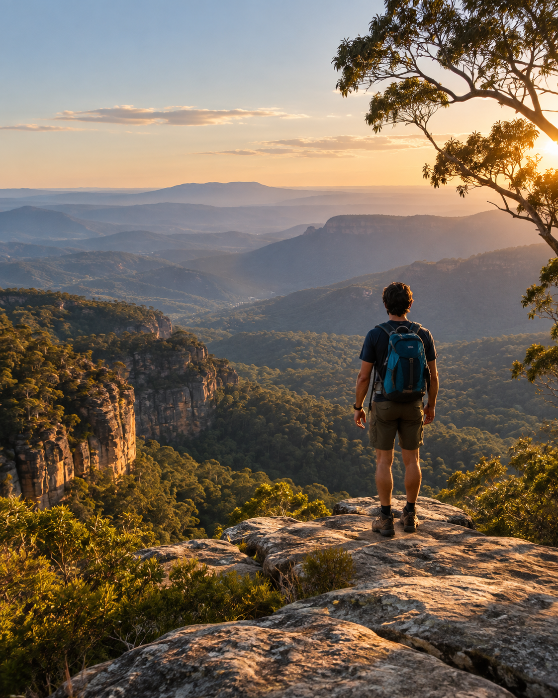 A man with a blue backpack stands on a rocky ledge overlooking a vast mountain landscape at sunset.