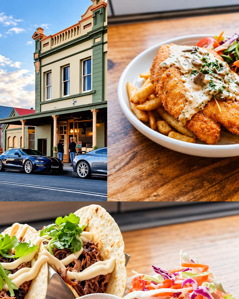 A collage of three images: the exterior of a historic building with parked cars and two people talking outside, a plate of fish and chips topped with mushroom gravy served with a side salad, and two tacos filled with shredded meat, garnished with cilantro, with coleslaw nearby.