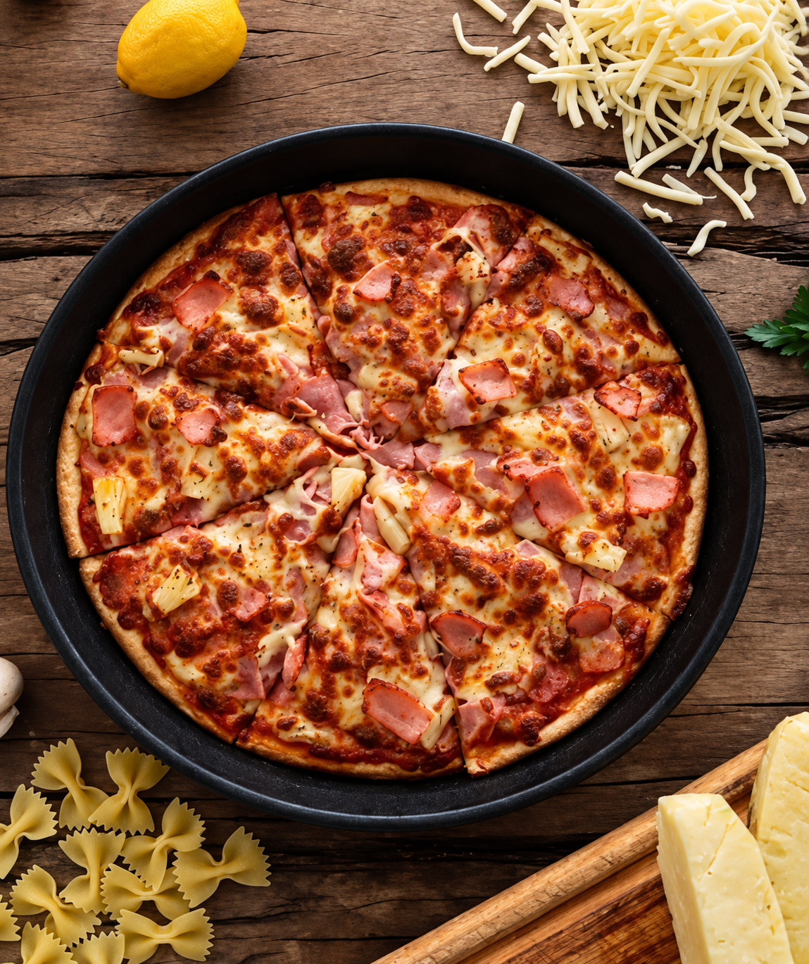 A pepperoni and ham pizza with melted cheese on a black plate, surrounded by shredded cheese, a lemon, small pasta shapes, and blocks of cheese on a wooden surface.