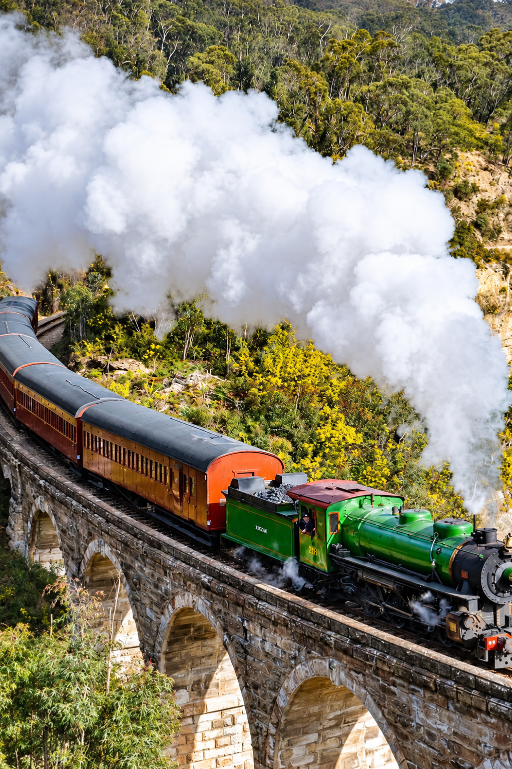A vintage steam train with a green engine and red roof traveling across a stone arch bridge through a lush, green landscape, emitting a large plume of white smoke.