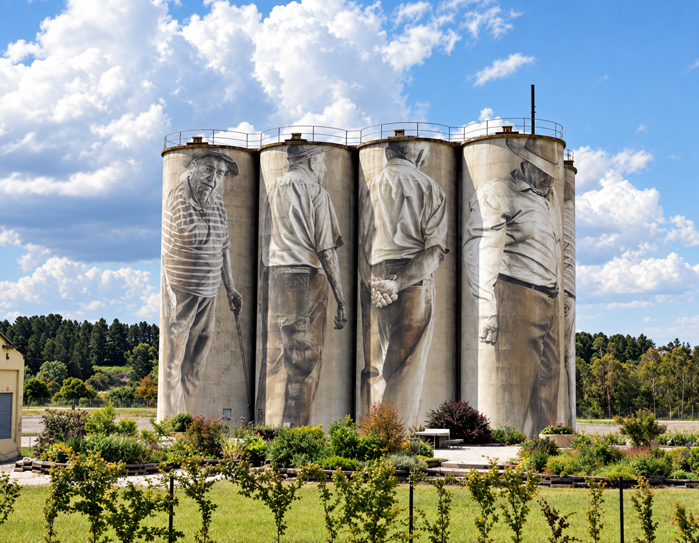 Large mural of four elderly men in black and white, painted on silos, with a background of blue sky and scattered clouds, surrounded by greenery.